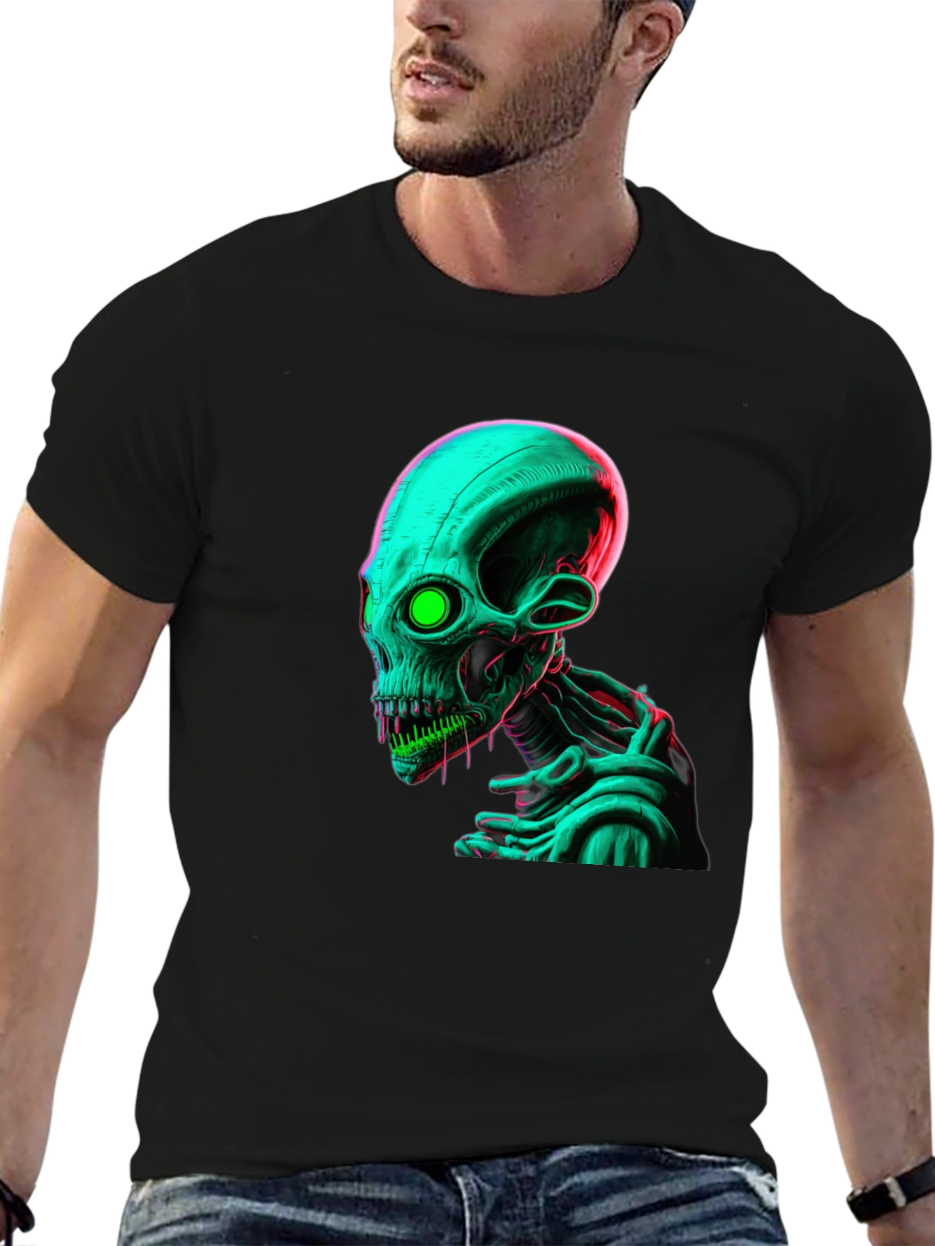 Neon Alien Graphic Black Tee Shirt