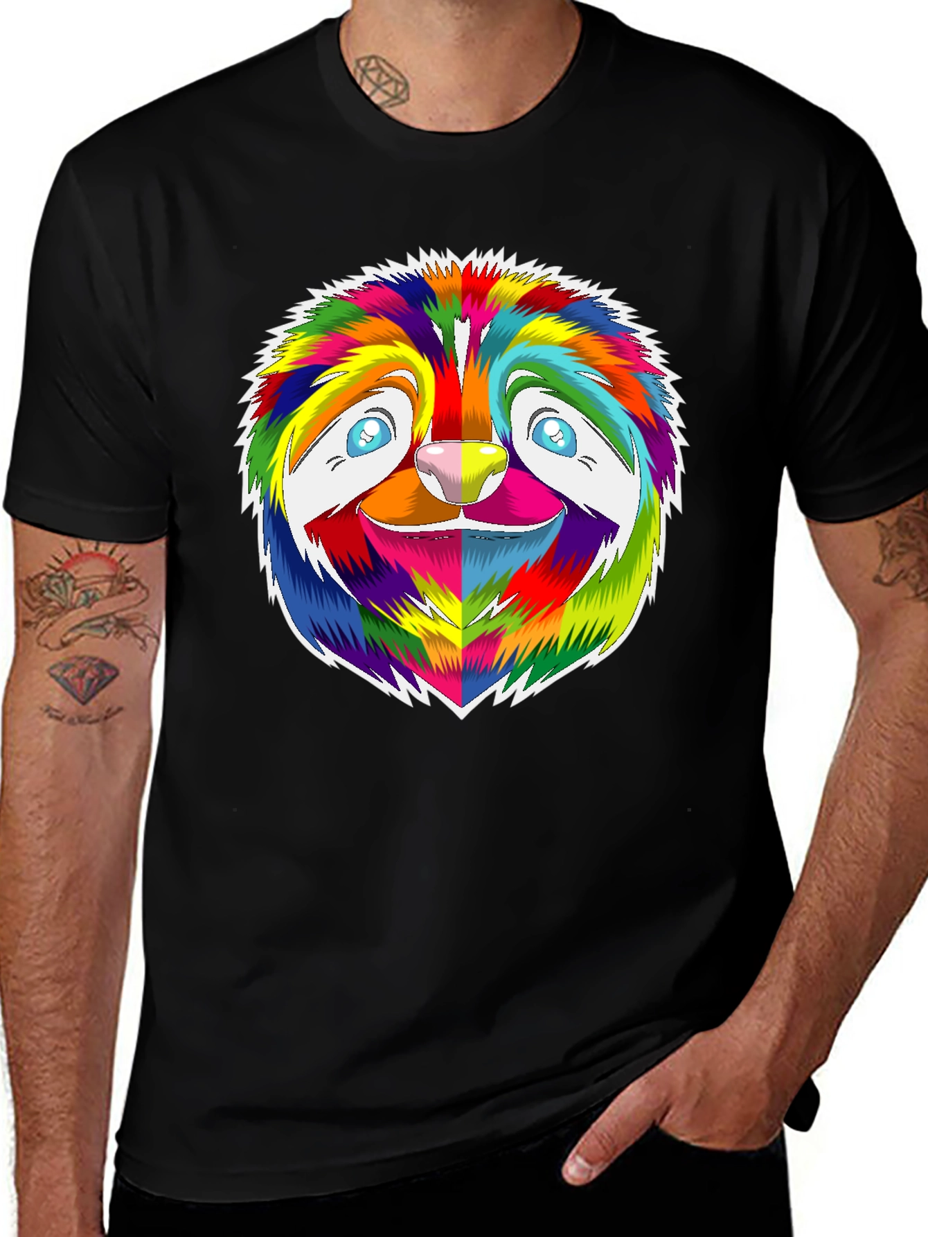 Rainbow Sloth Graphic Tee - Black Cotton T-Shirt