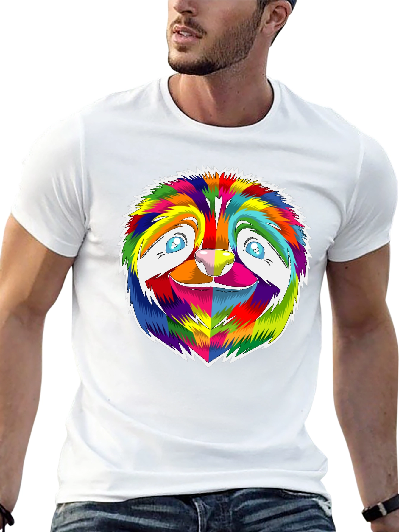 Rainbow Sloth Graphic Tee - Black Cotton T-Shirt