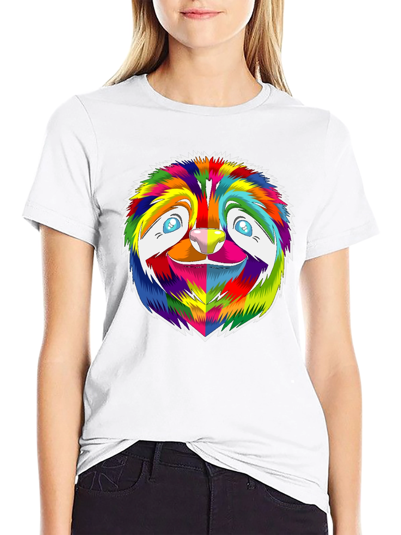 Rainbow Sloth Graphic Tee - Black Cotton T-Shirt