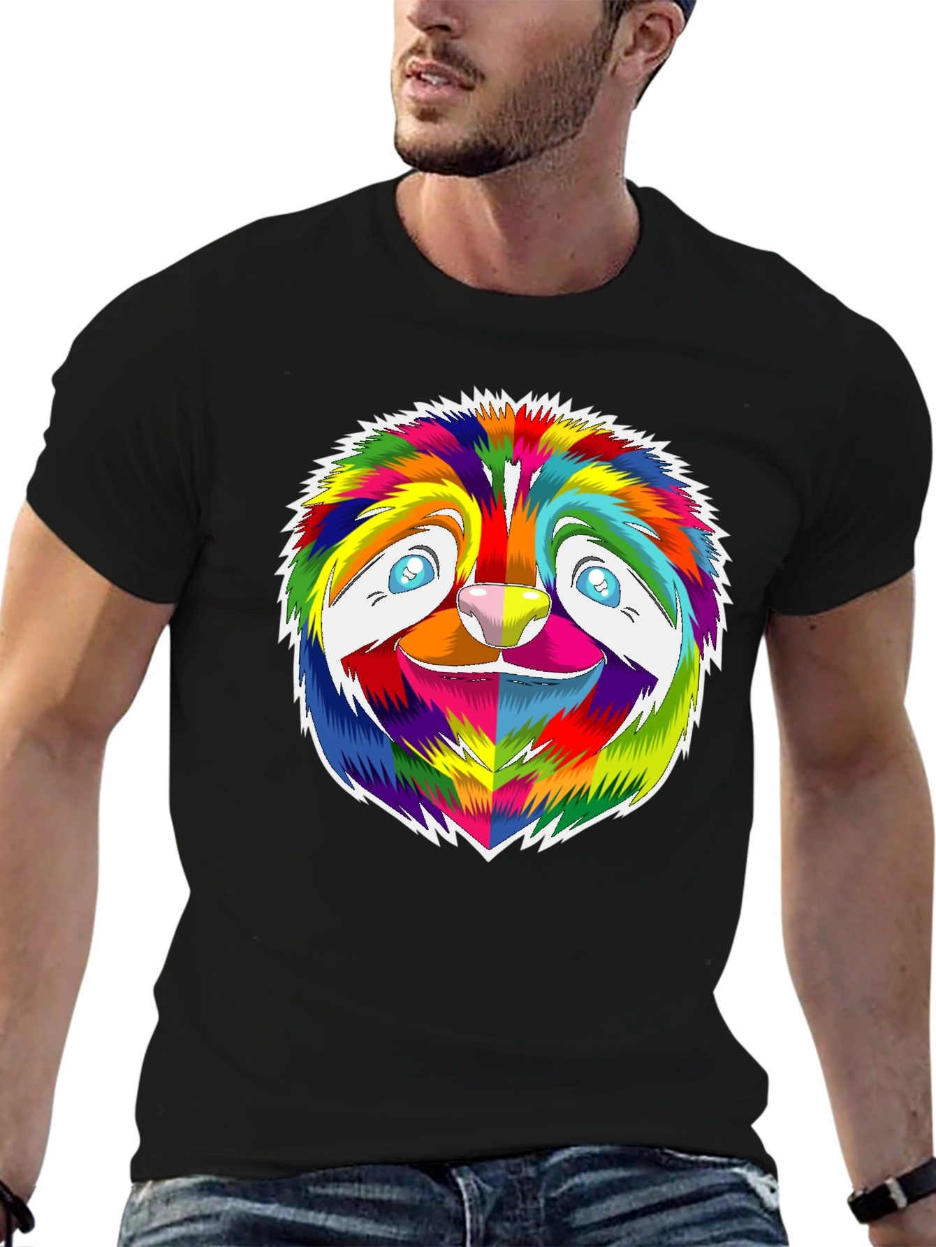 Rainbow Sloth Graphic Tee - Black Cotton T-Shirt