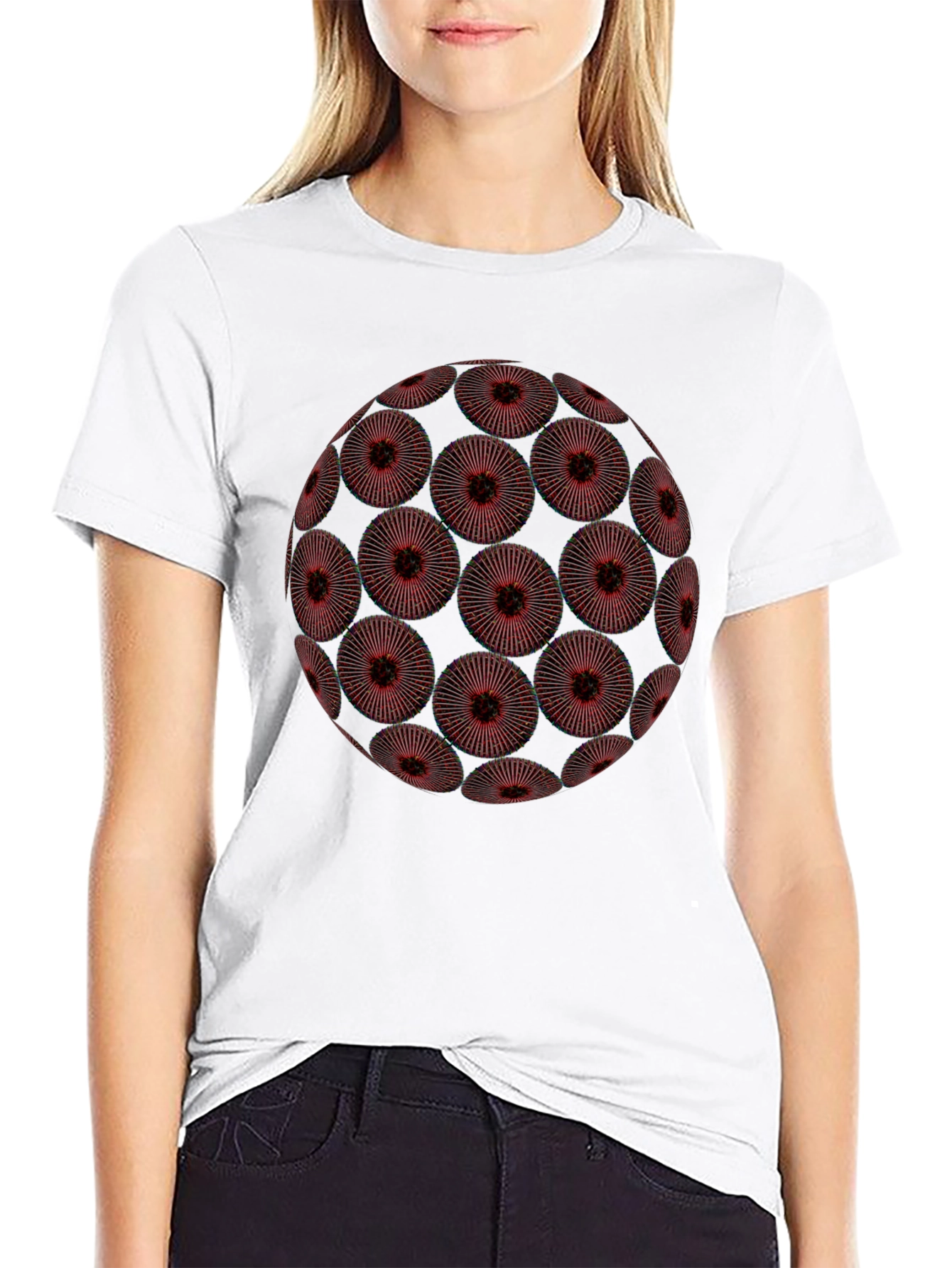 Abstract Red Floral Orb Graphic Black T-Shirt