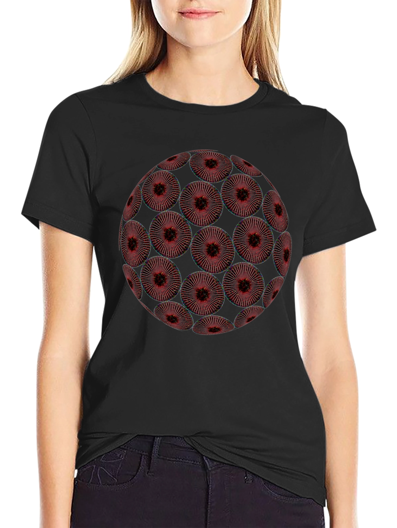 Abstract Red Floral Orb Graphic Black T-Shirt