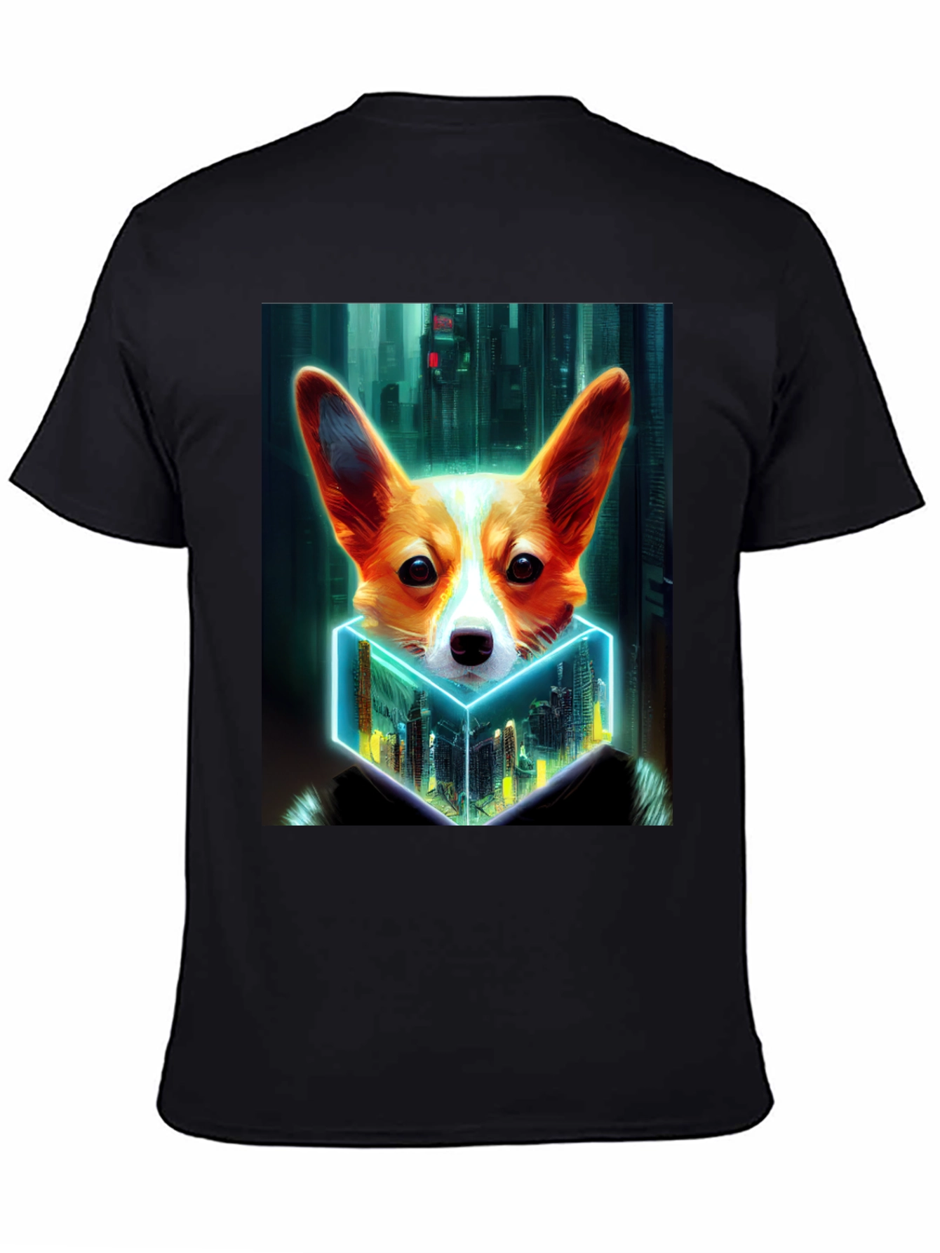 Cyberpunk Corgi Cityscape Graphic Tee