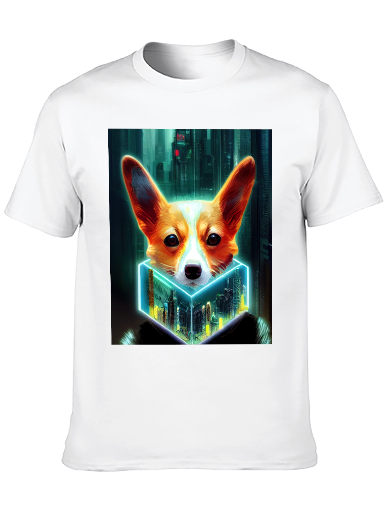 Cyberpunk Corgi Cityscape Graphic Tee