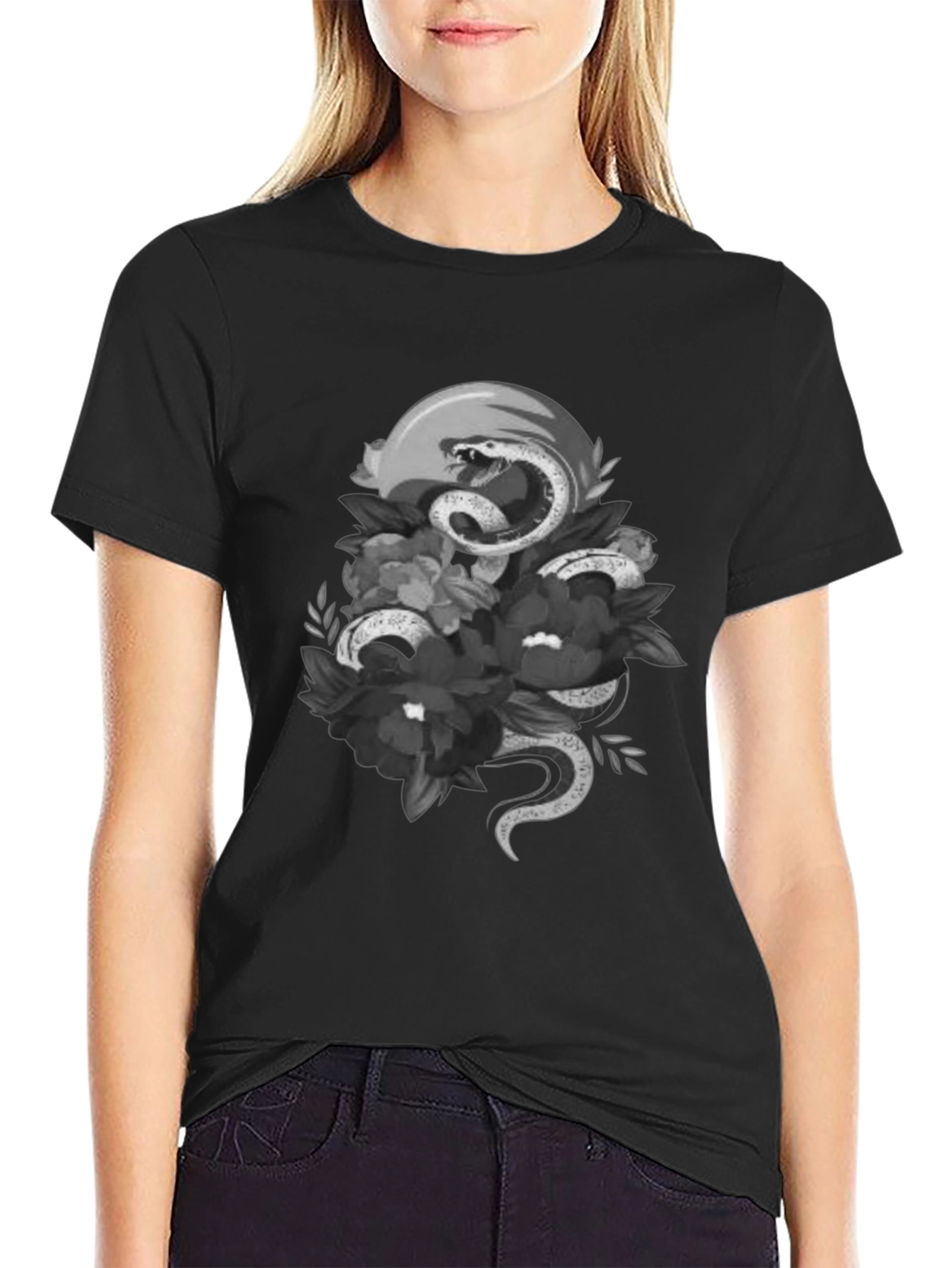 Snake & Floral Graphic Tee - Unique Design