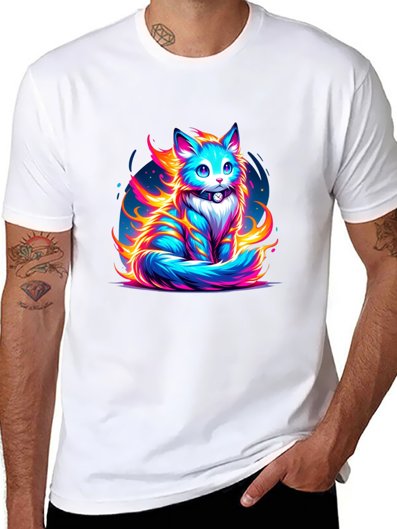 Fiery Feline Graphic Tee - Cool Cat Shirt
