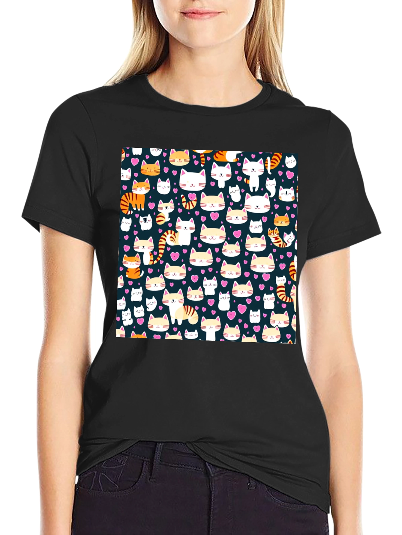 Cute Cat Pattern Black T-Shirt