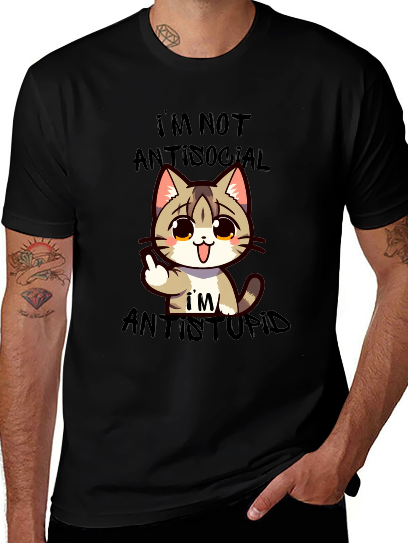 Antisocial Antistupid Cat Graphic T-Shirt