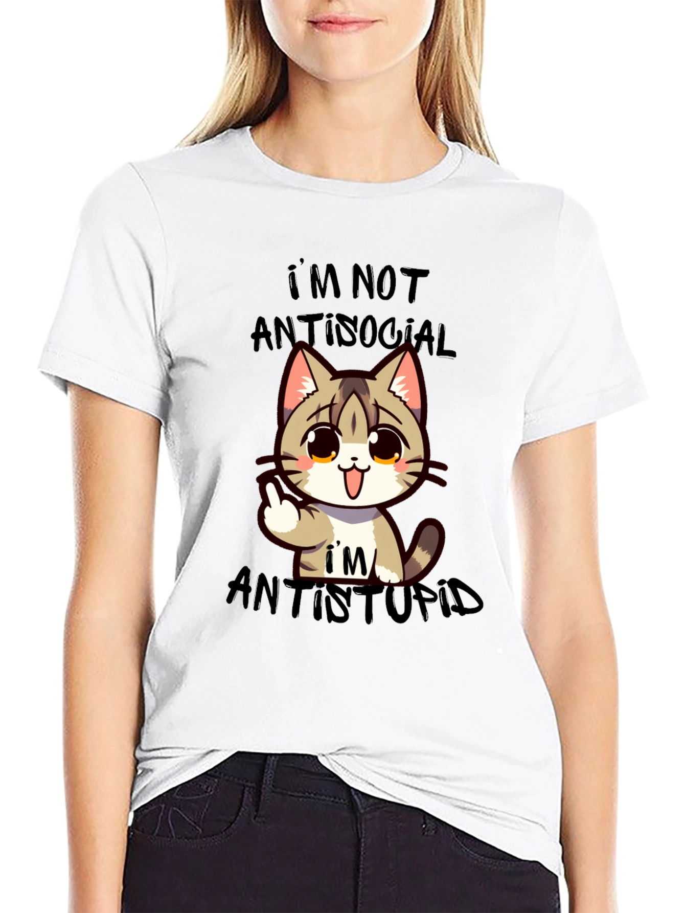 Antisocial Antistupid Cat Graphic T-Shirt