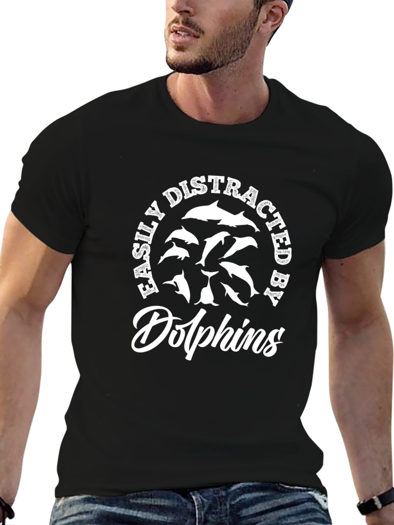 Easily Distracted by Dolphins Graphic Tee - Black