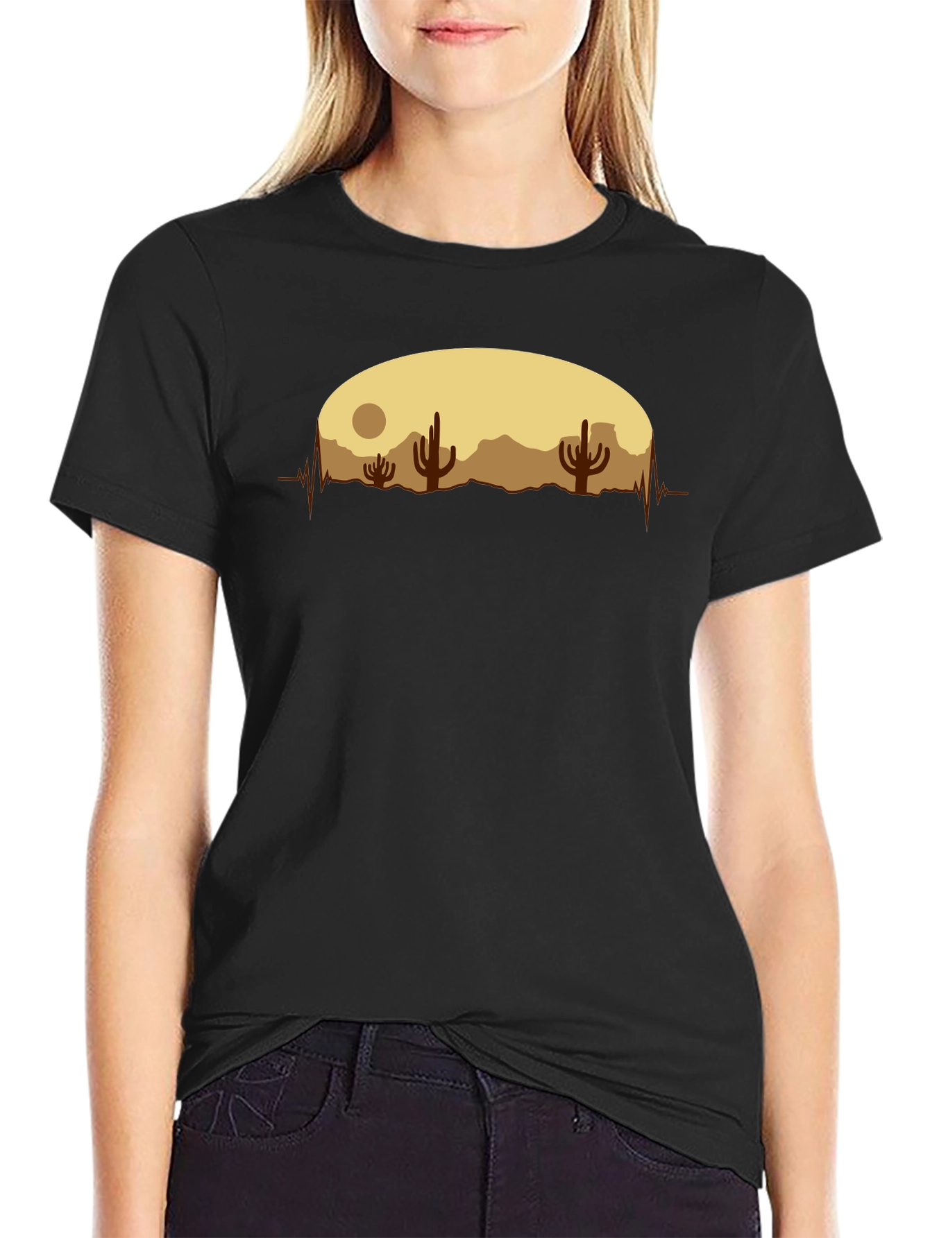Desert Cactus Heartbeat Graphic T-Shirt - Black