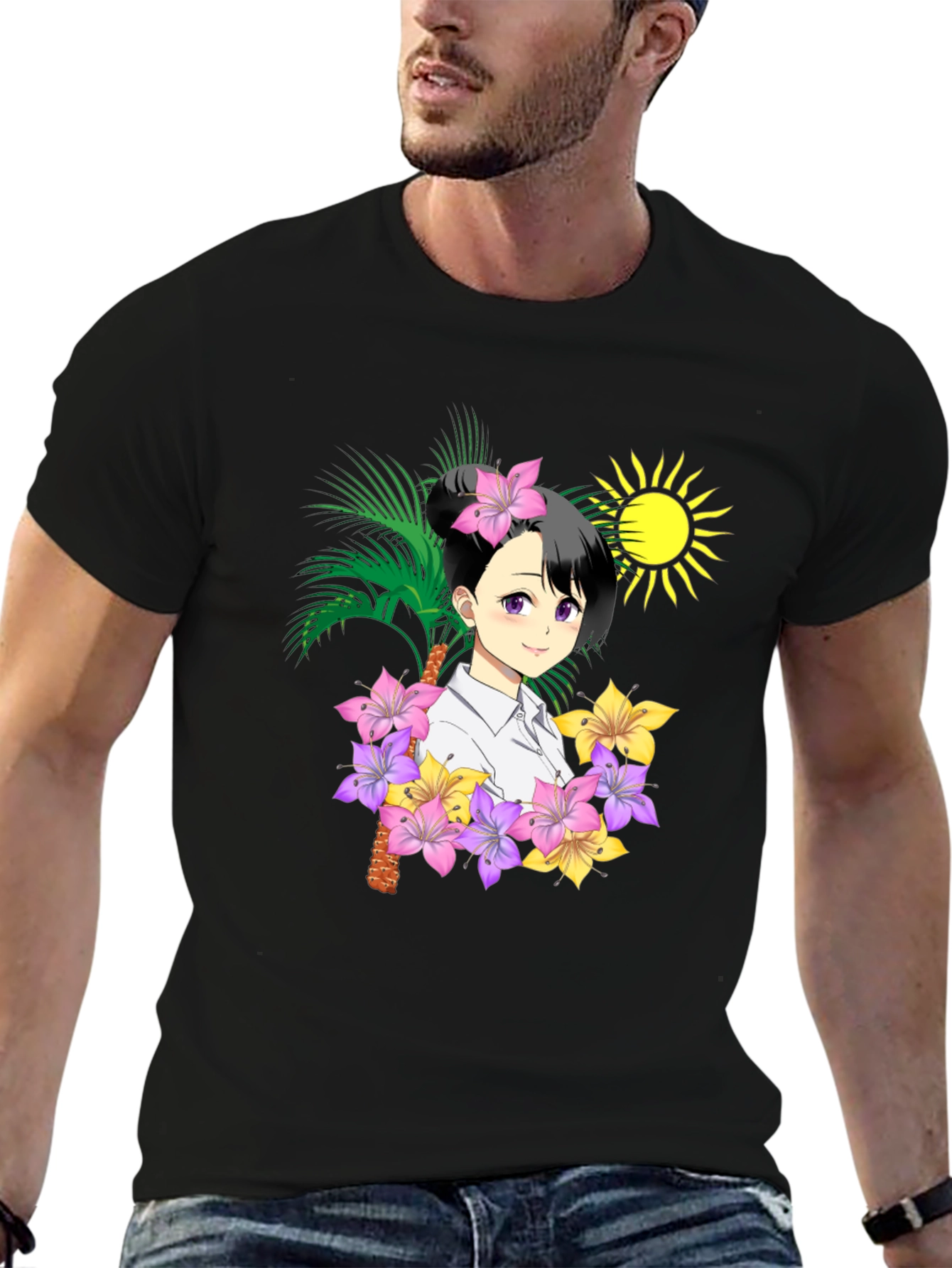 Anime Girl Floral T-Shirt