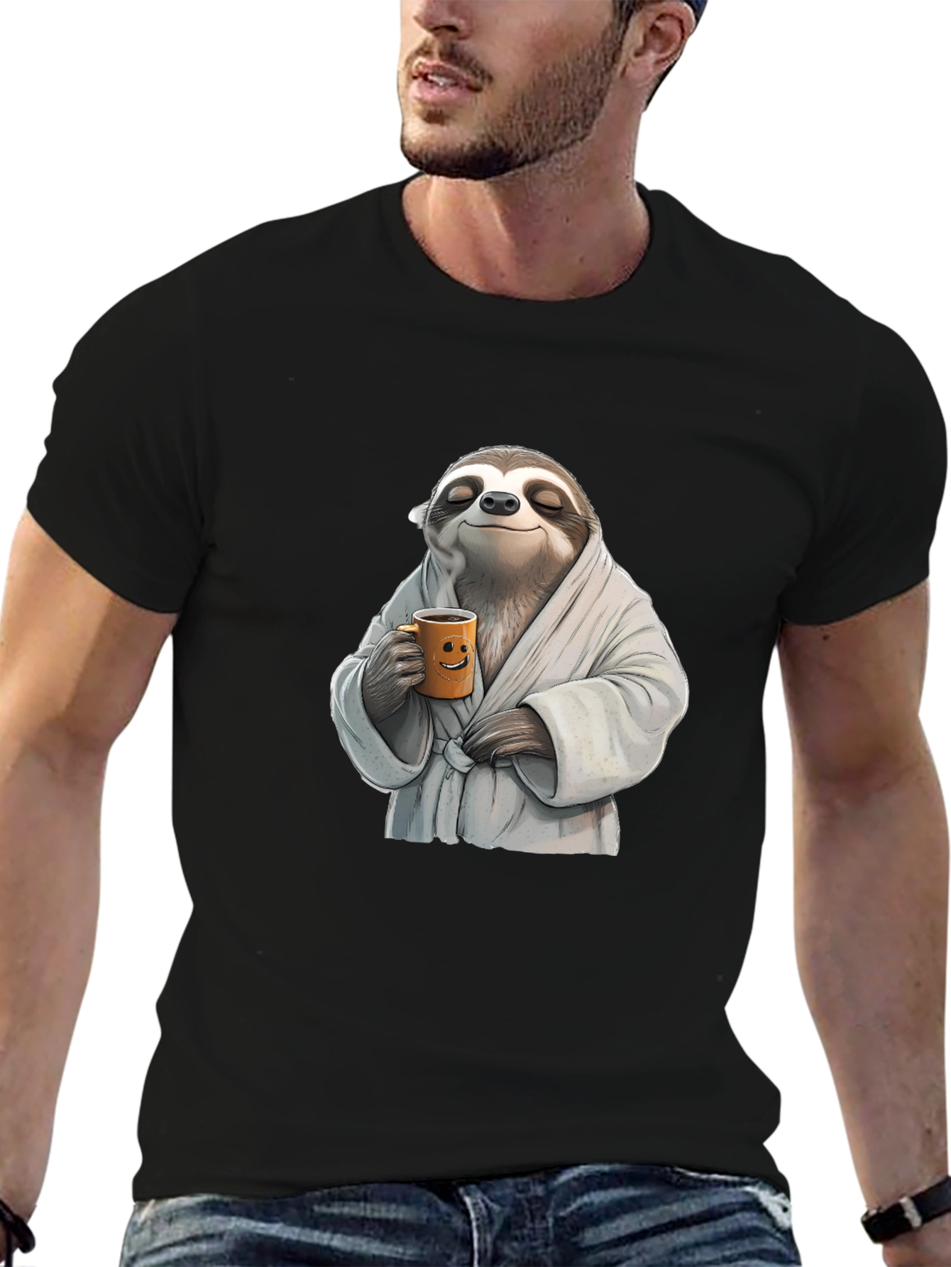 Relaxed Sloth Black T-Shirt - Coffee Time!