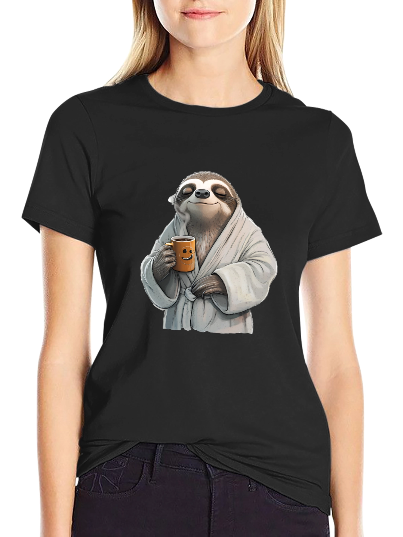 Relaxed Sloth Black T-Shirt - Coffee Time!