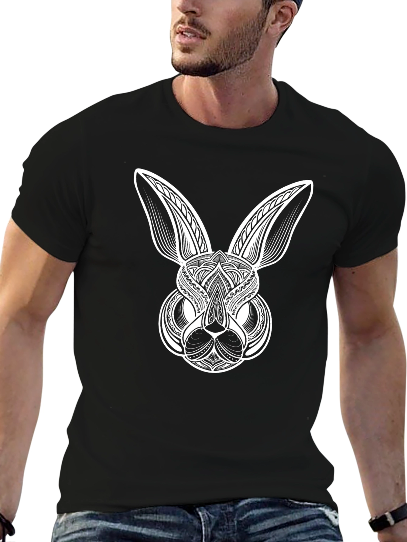 Abstract Bunny Graphic Tee - Black Cotton