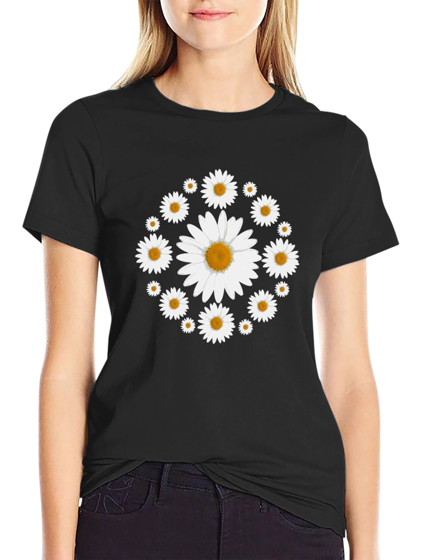 Daisy Circle Black T-Shirt - Stylish Floral Design