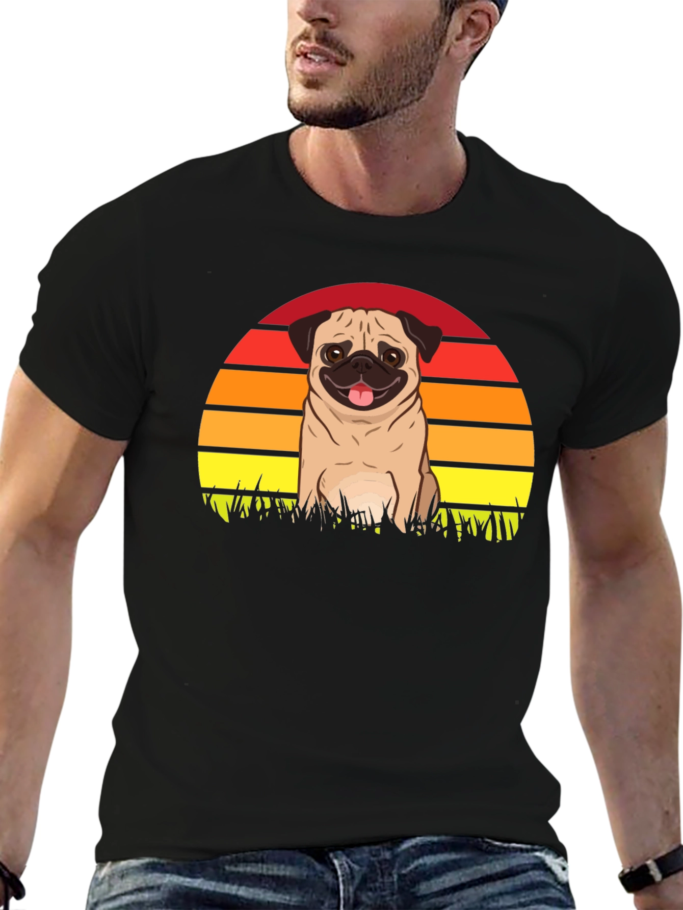 Pug Sunset Graphic Tee - Black Cotton T-Shirt