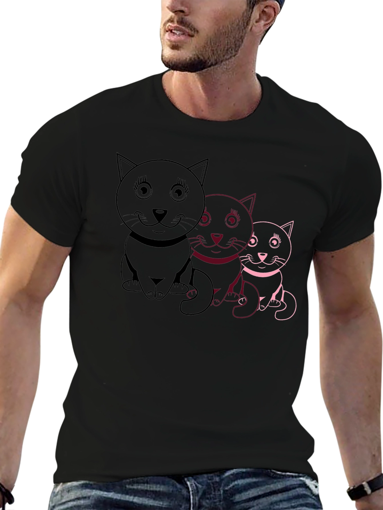 Cute Cat Trio Graphic Tee - Black