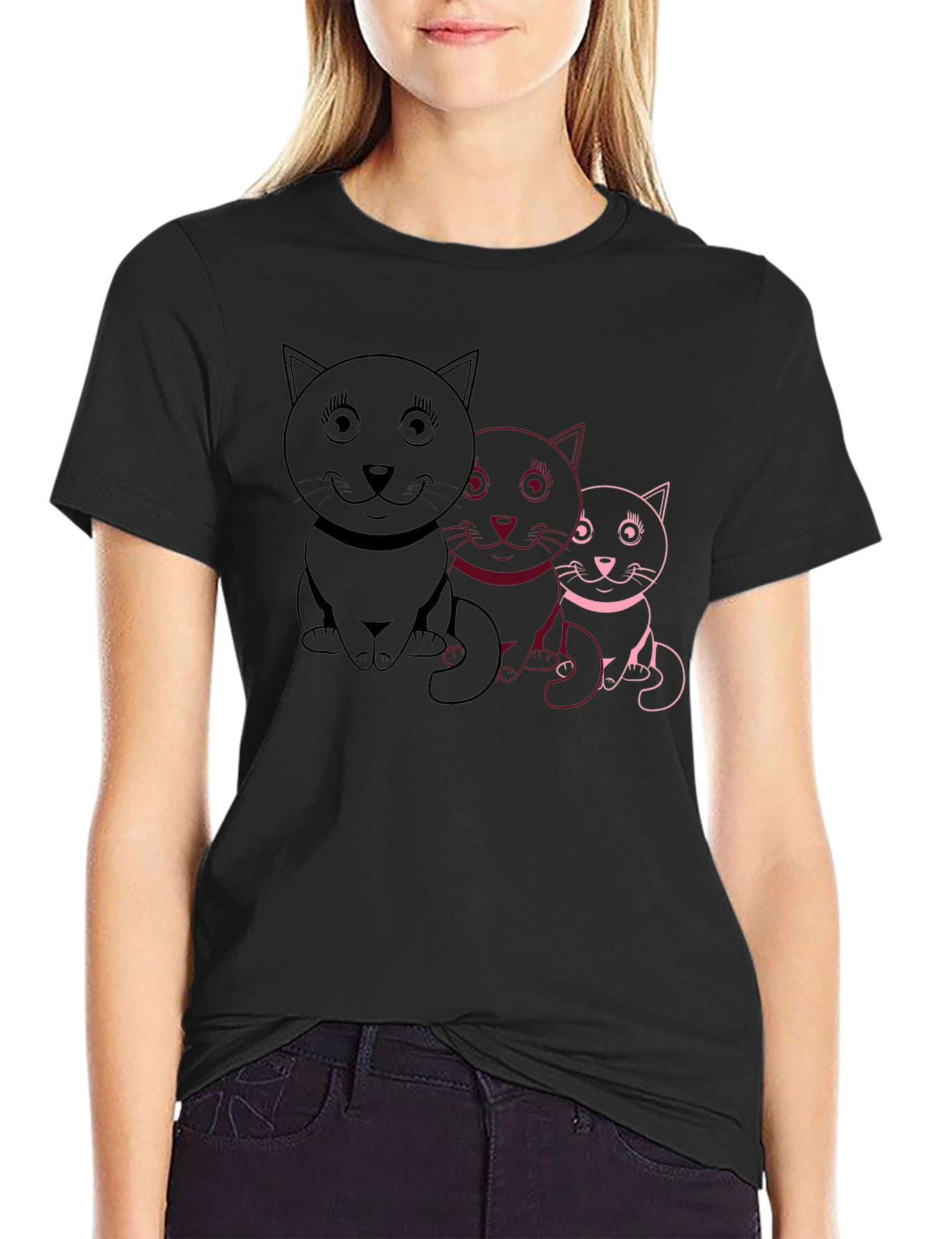 Cute Cat Trio Graphic Tee - Black