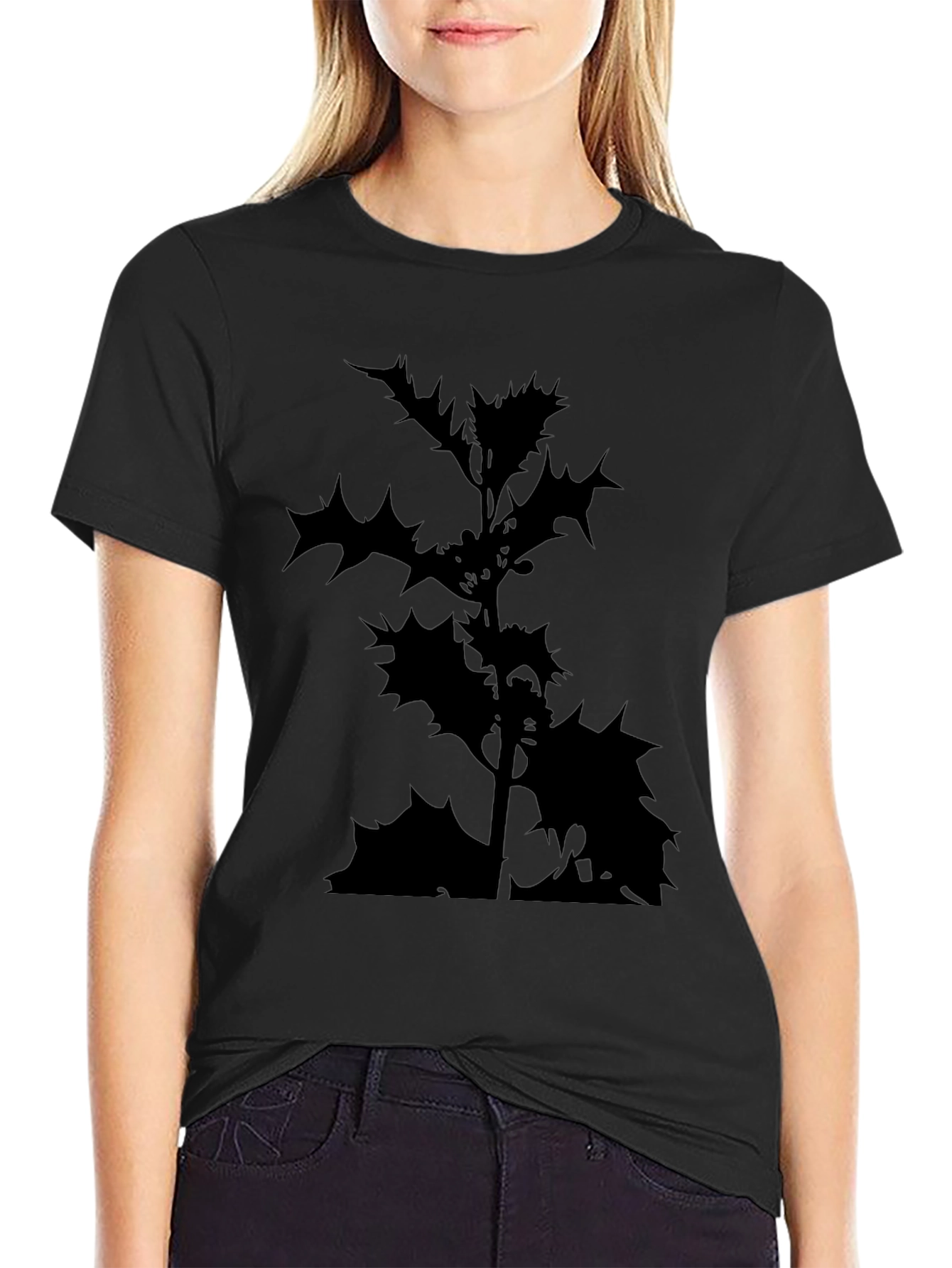Black T-Shirt with Holly Silhouette Print