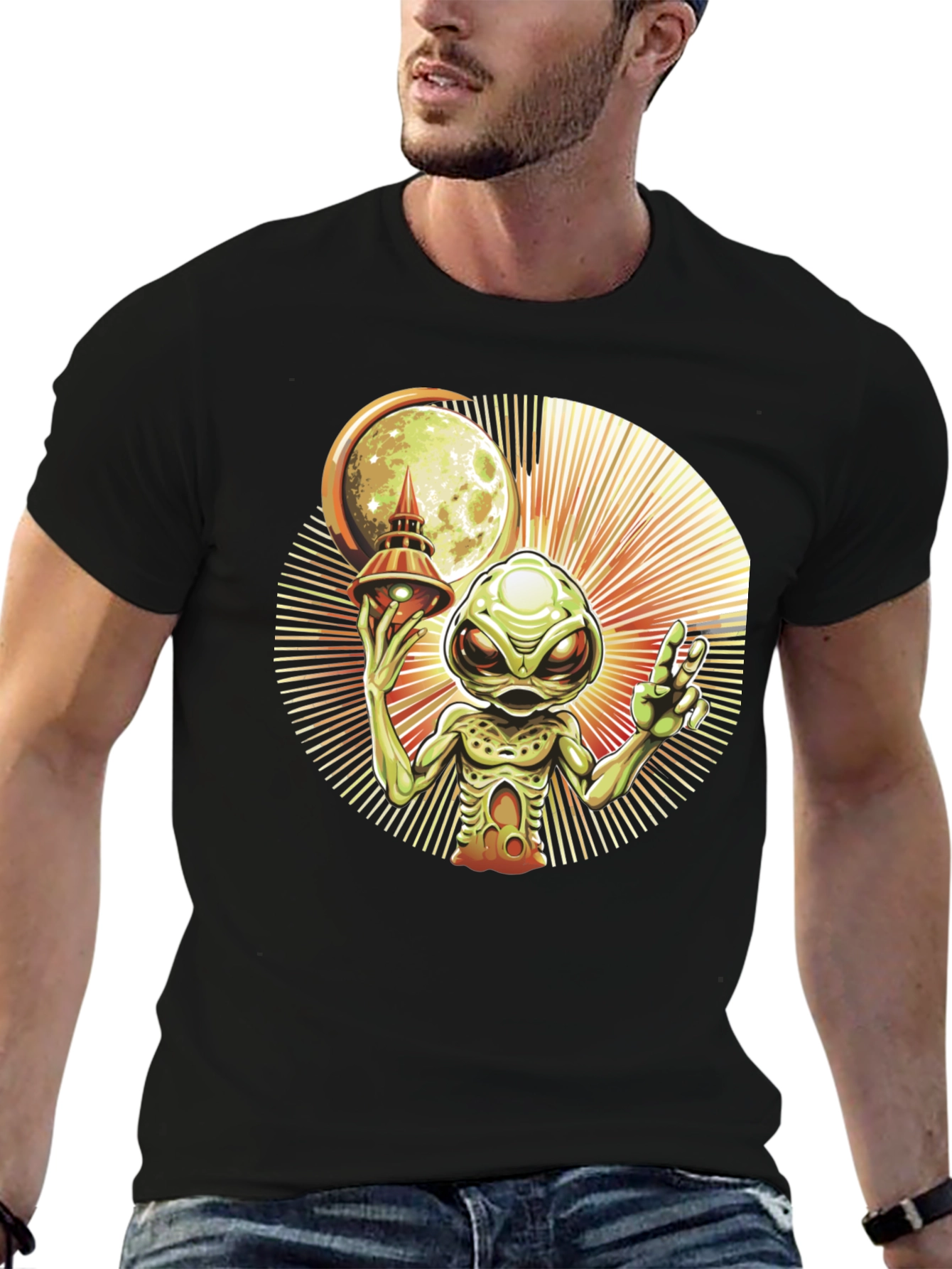 Alien UFO Graphic Tee - Black Cotton T-Shirt