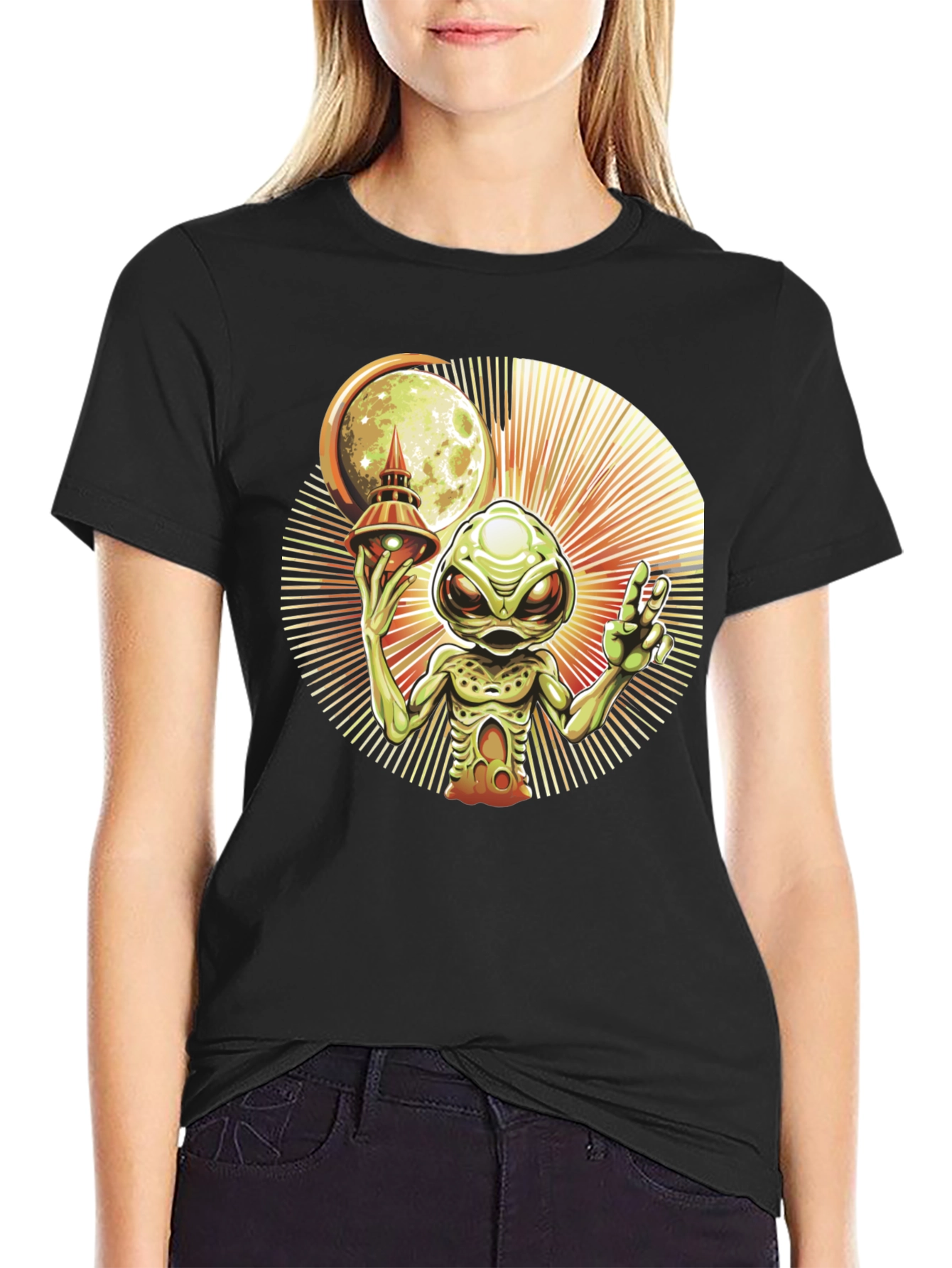 Alien UFO Graphic Tee - Black Cotton T-Shirt