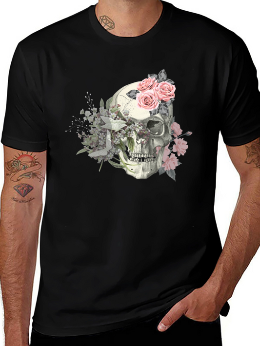 Skull Floral Graphic Tee - Stylish Mens Black T-Shirt