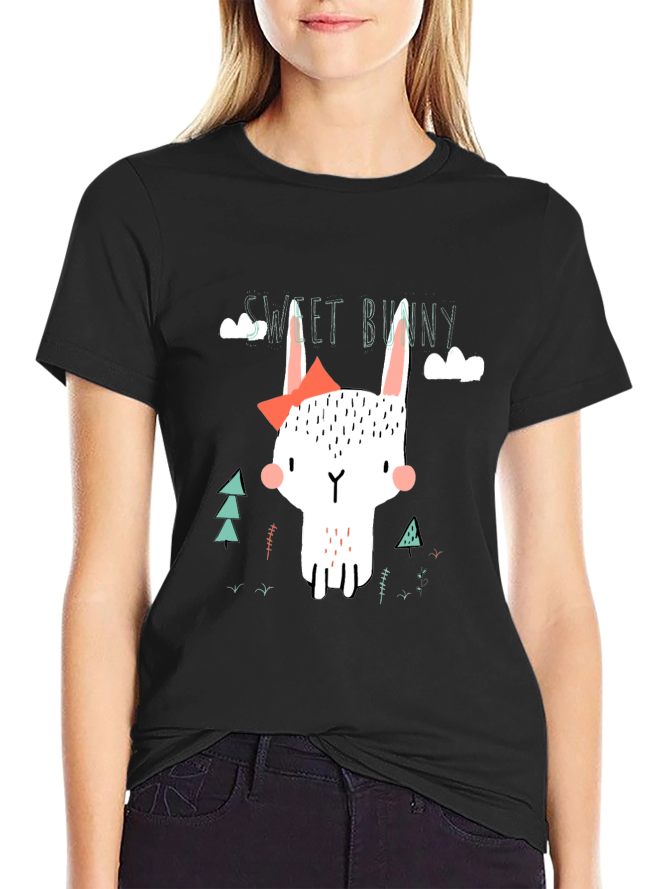 Sweet Bunny Graphic Tee - Black Cotton T-Shirt