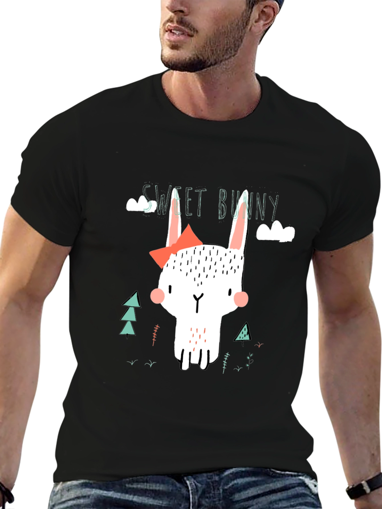 Sweet Bunny Graphic Tee - Black Cotton T-Shirt