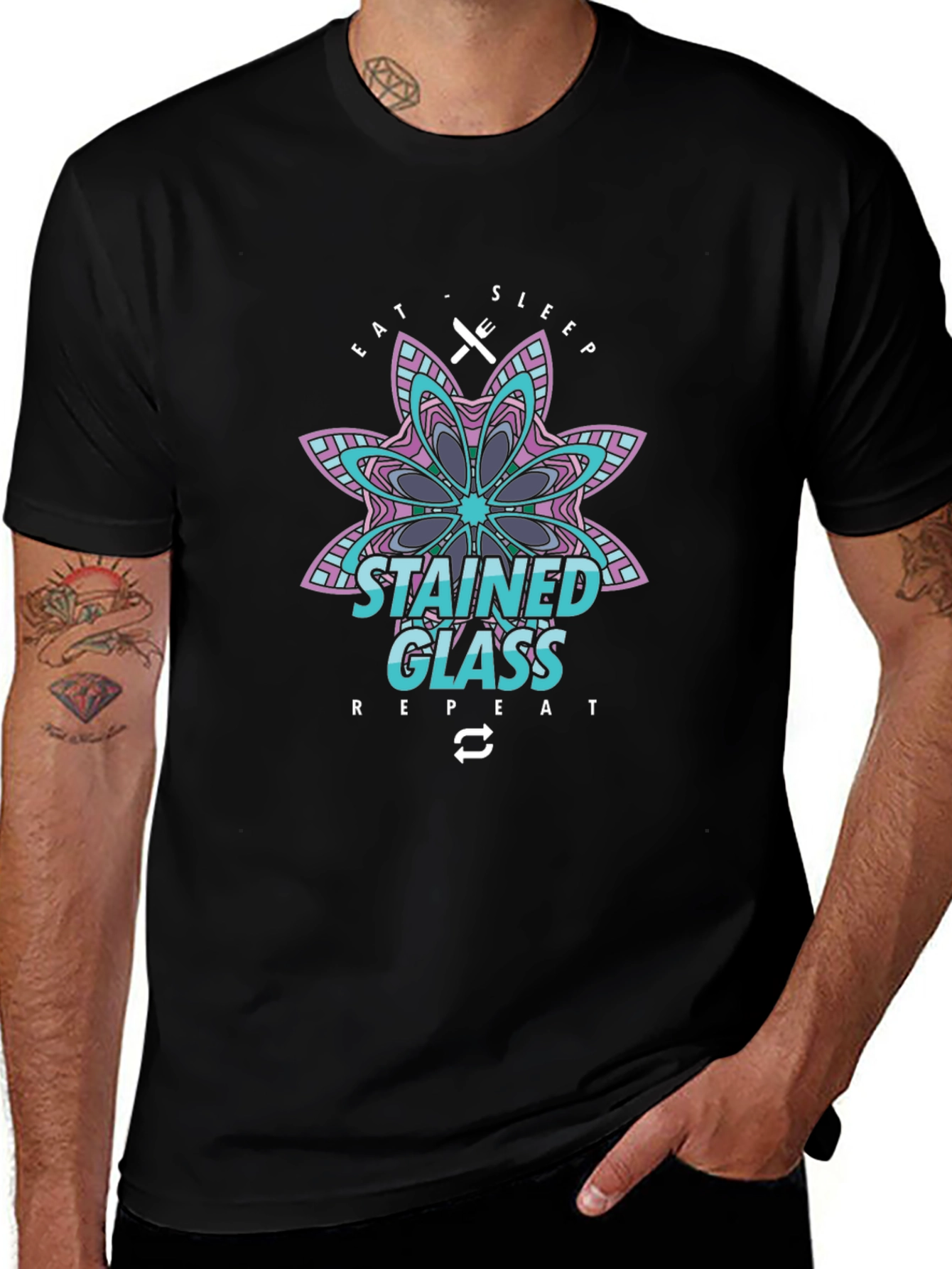 Stained Glass Eat Sleep Repeat Black T-Shirt