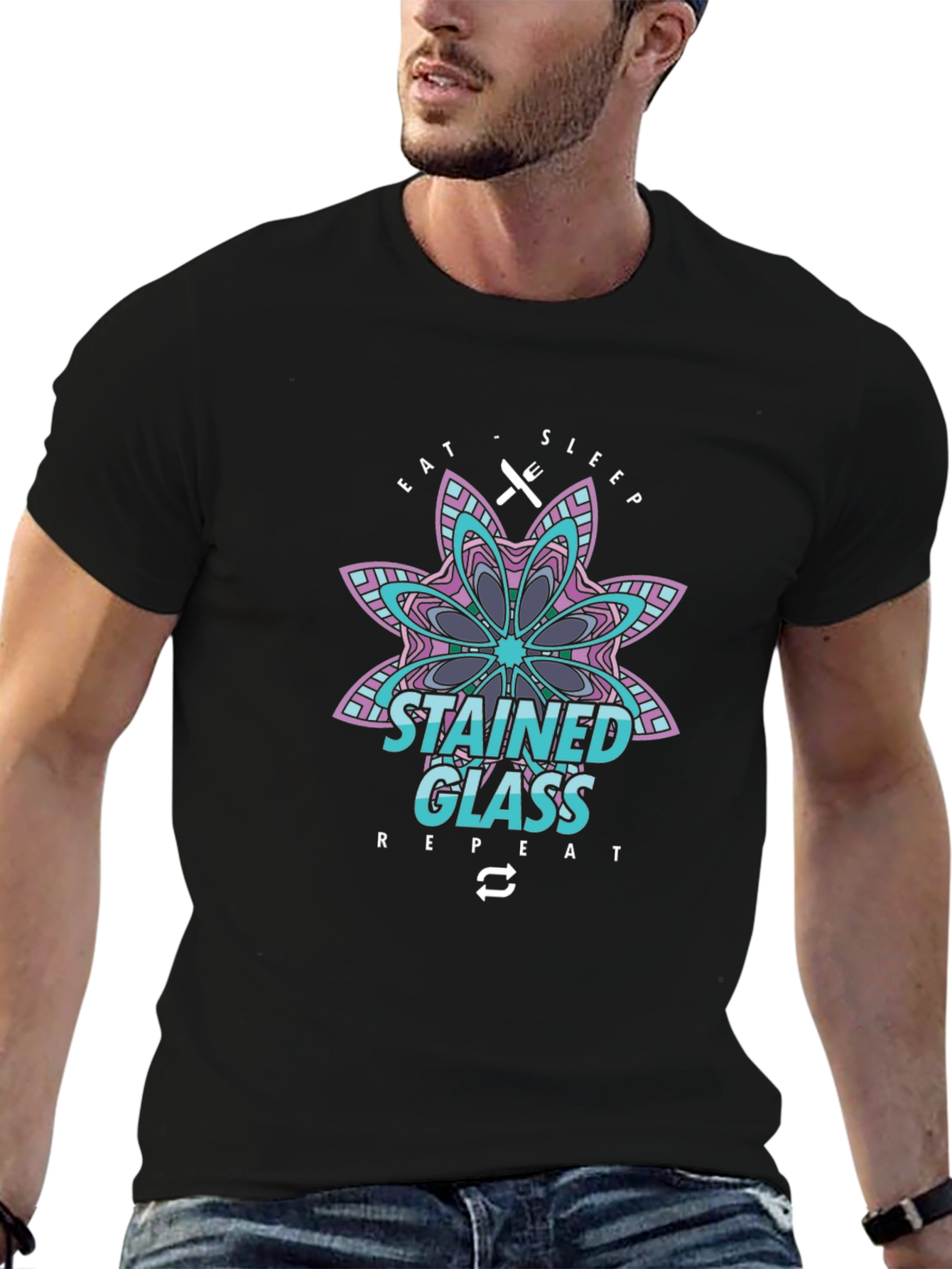 Stained Glass Eat Sleep Repeat Black T-Shirt