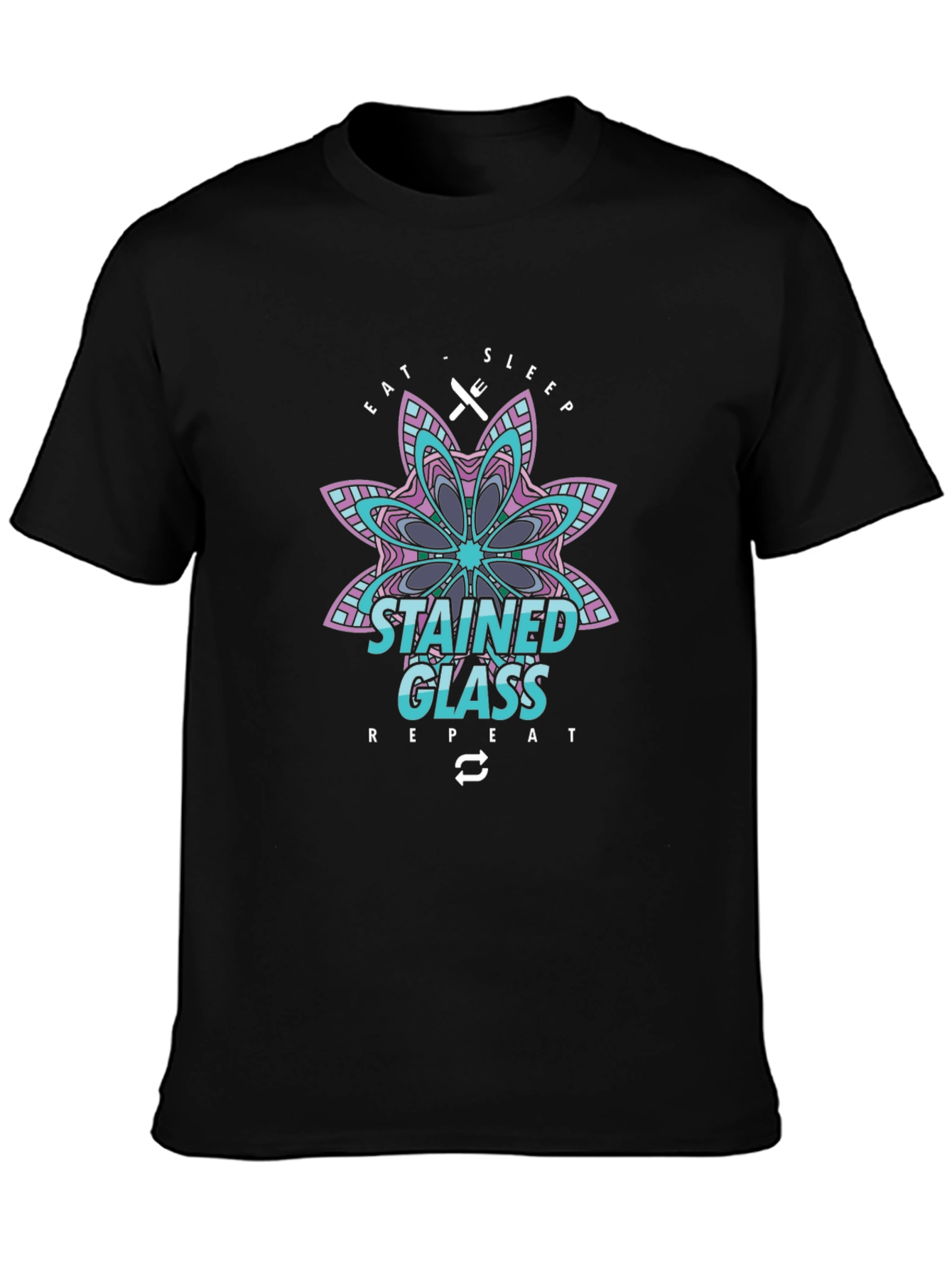 Stained Glass Eat Sleep Repeat Black T-Shirt