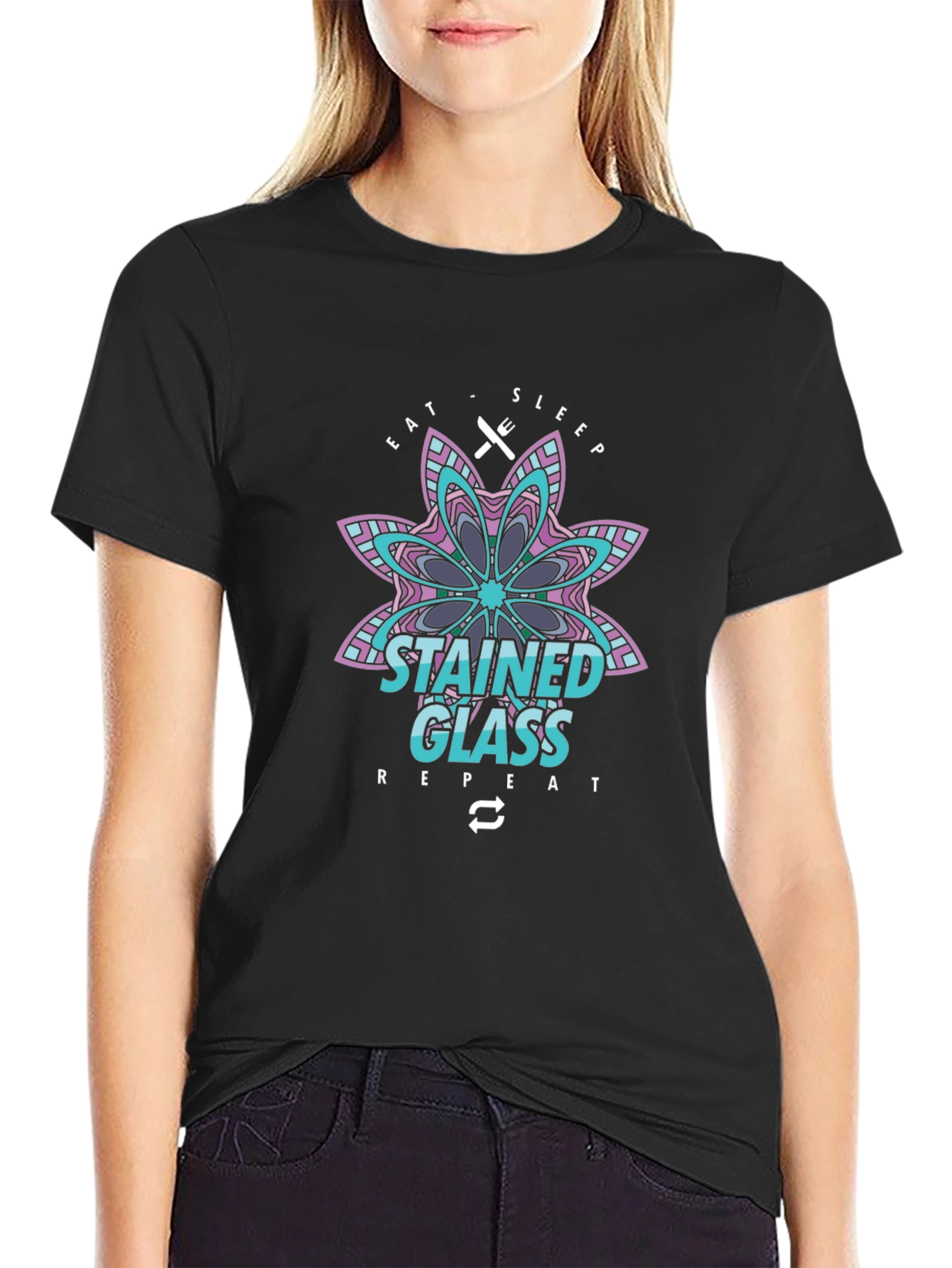 Stained Glass Eat Sleep Repeat Black T-Shirt