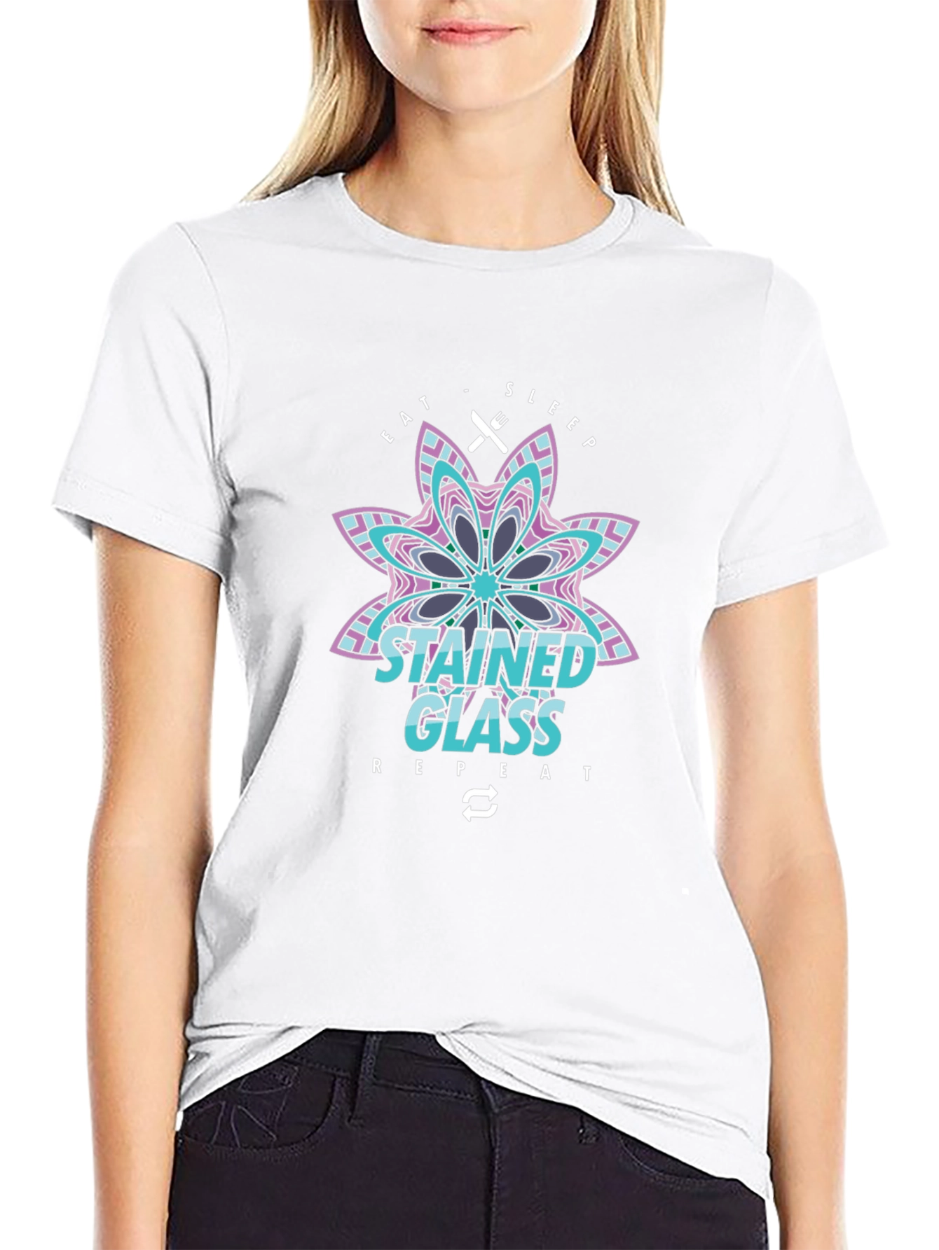 Stained Glass Eat Sleep Repeat Black T-Shirt
