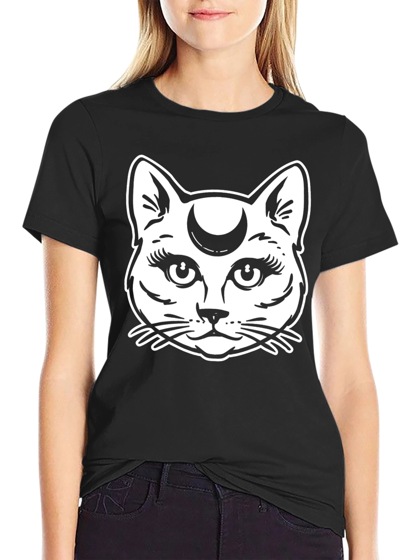 Mystic Cat Moon Graphic Tee - Black