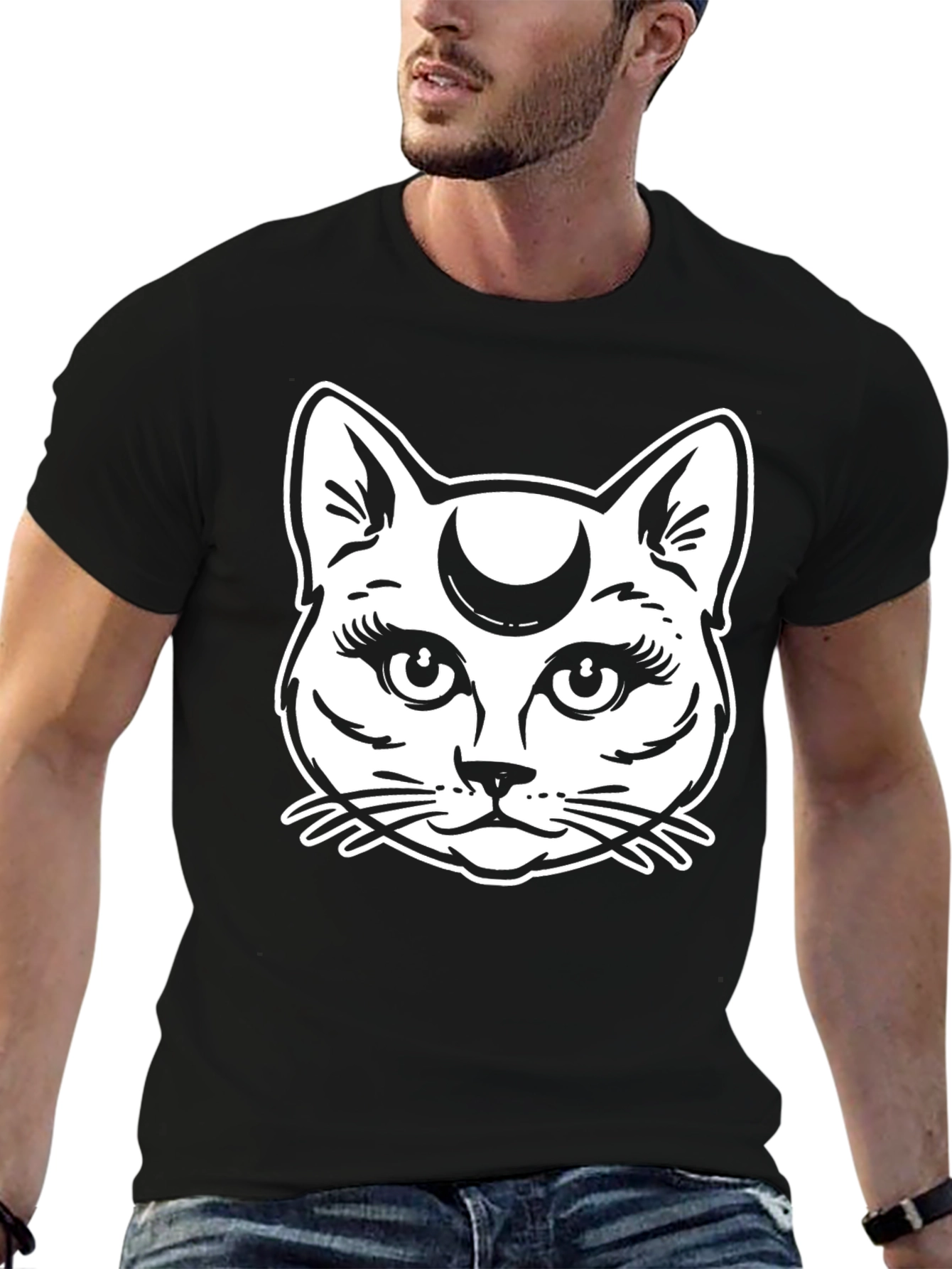 Mystic Cat Moon Graphic Tee - Black