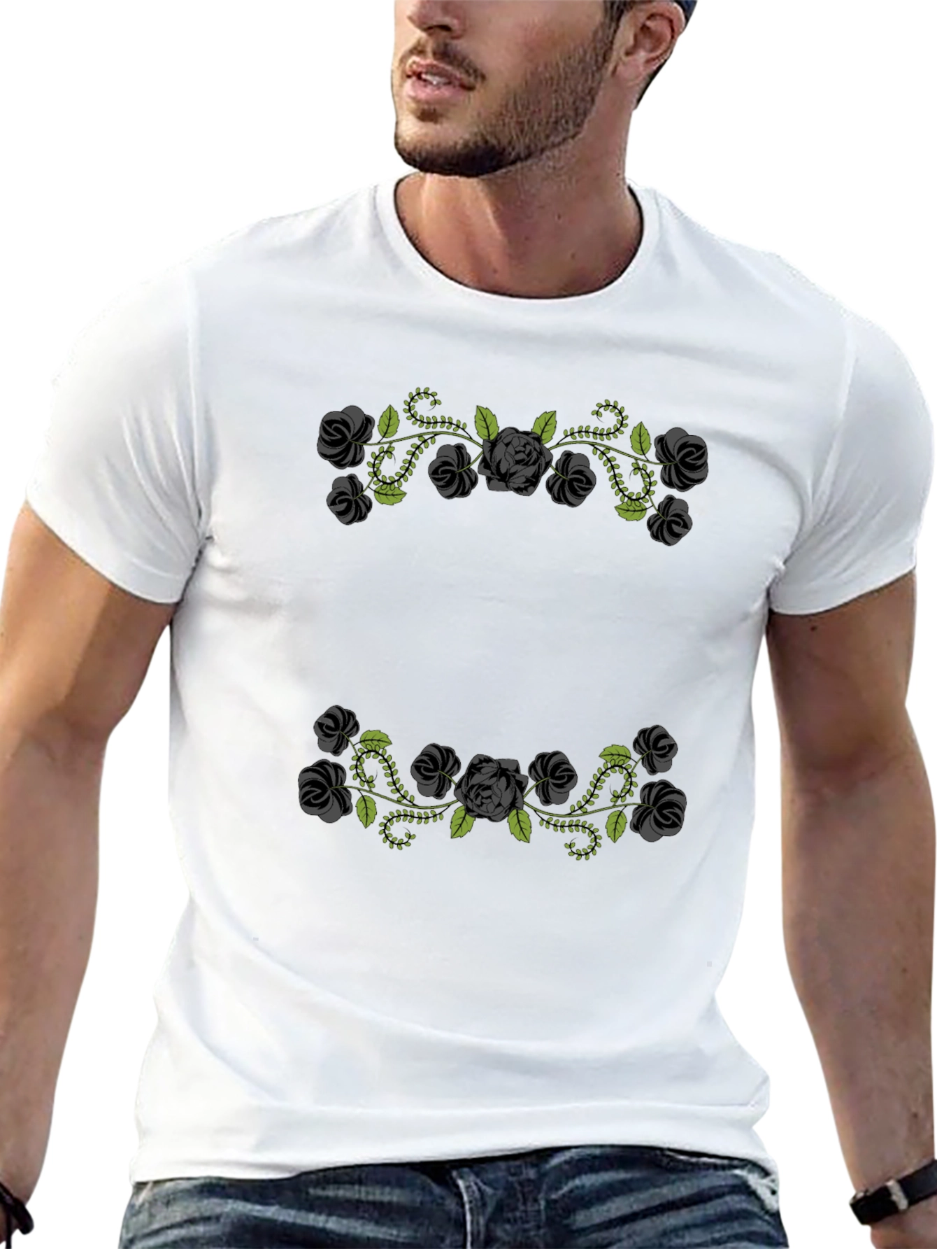 Floral Rose Vine Graphic Black T-Shirt