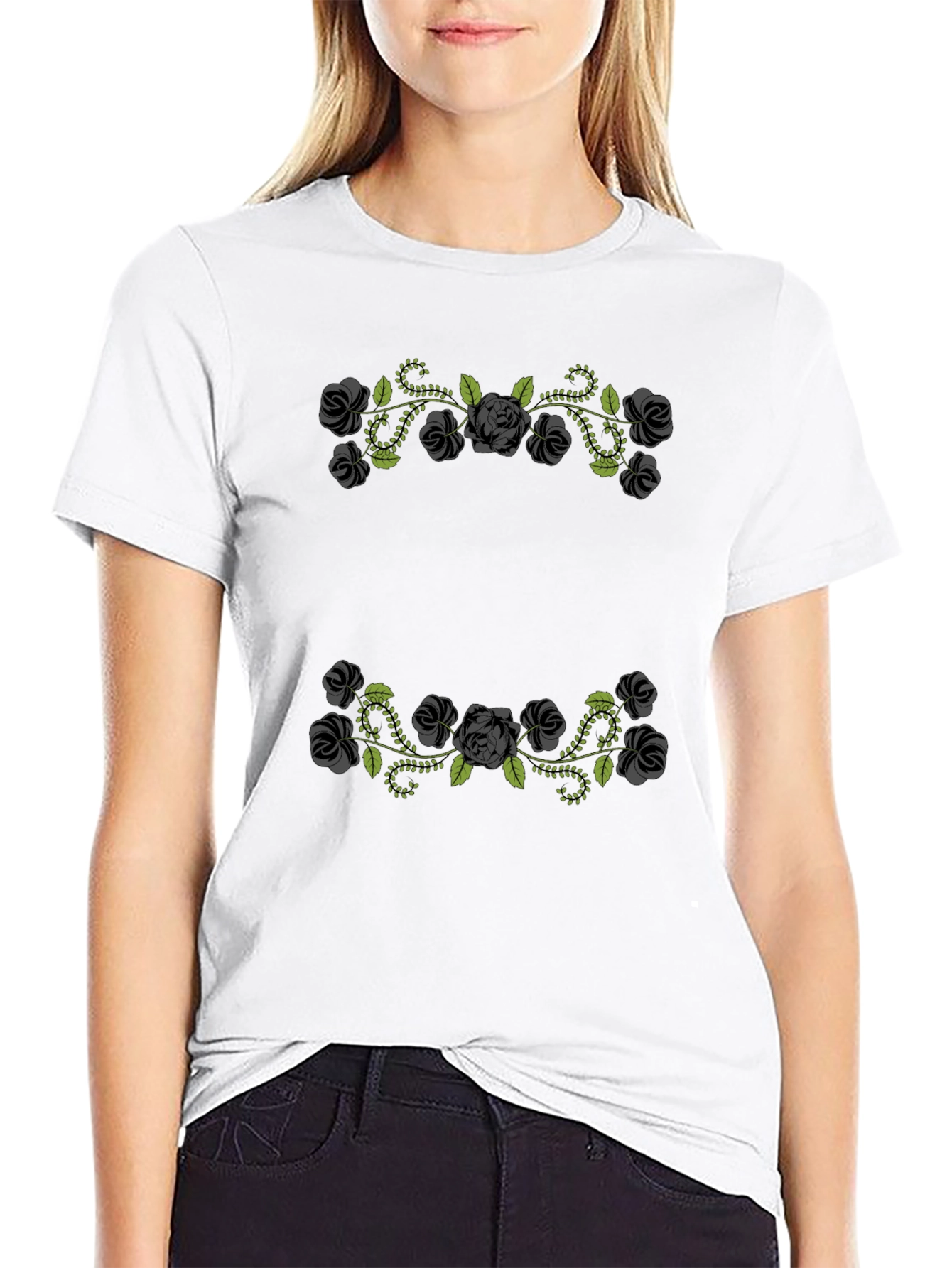 Floral Rose Vine Graphic Black T-Shirt
