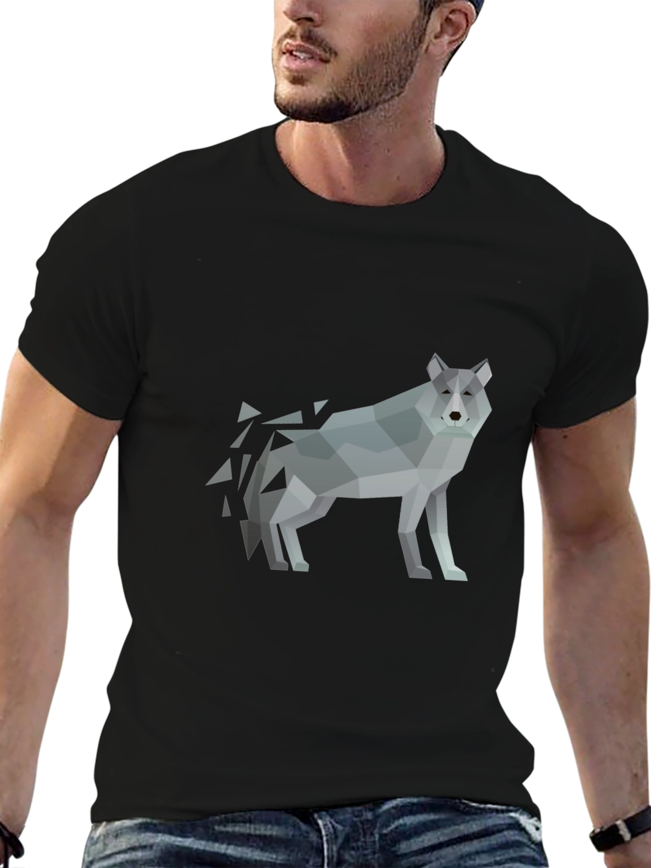 Geometric Wolf Print Black T-Shirt