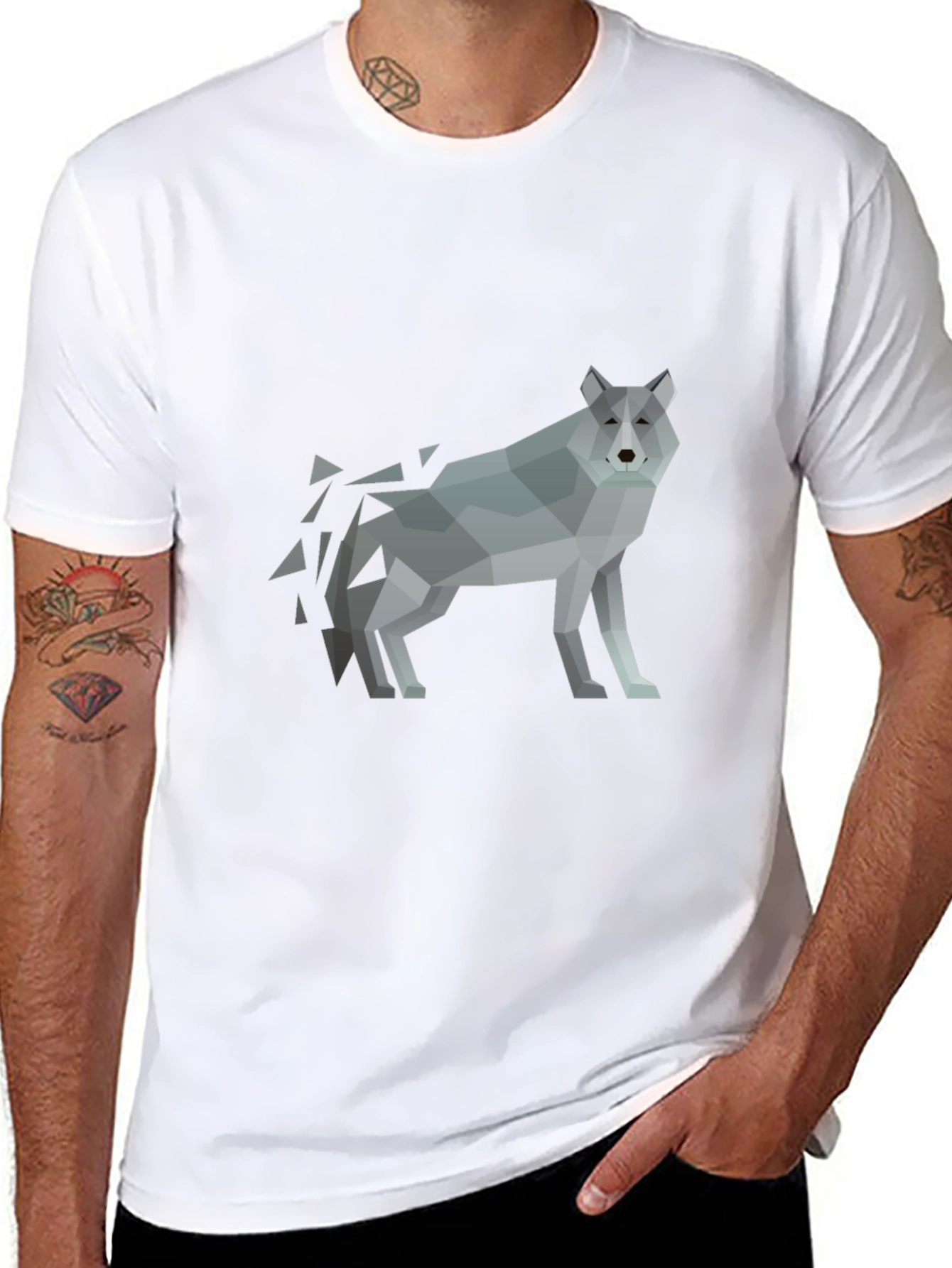 Geometric Wolf Print Black T-Shirt