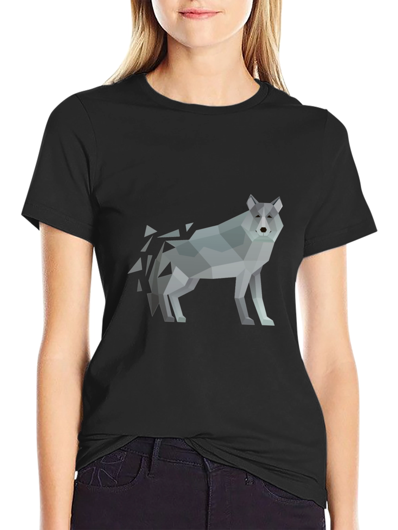 Geometric Wolf Print Black T-Shirt