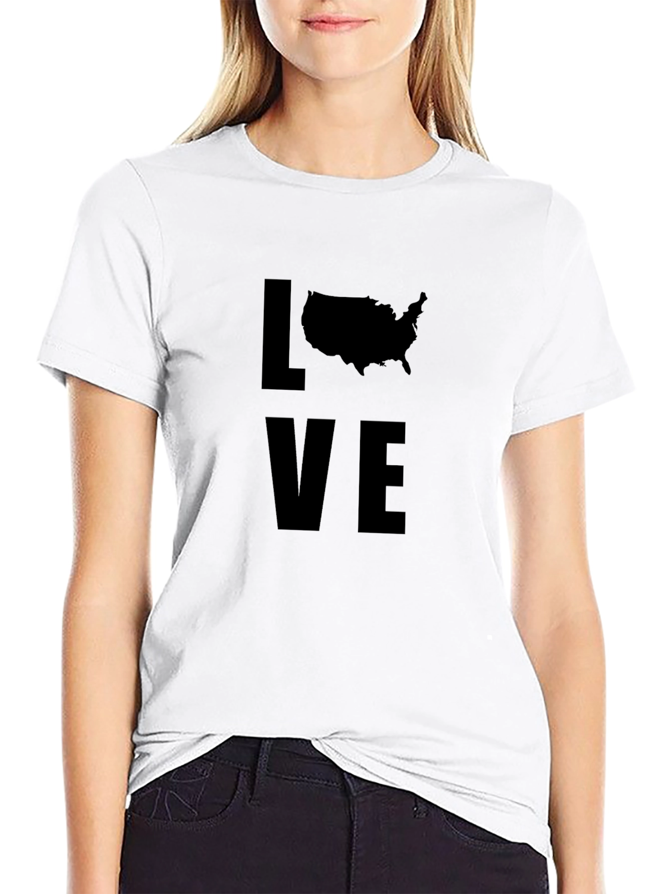 Love USA Map Graphic Tee - Black Crewneck T-Shirt