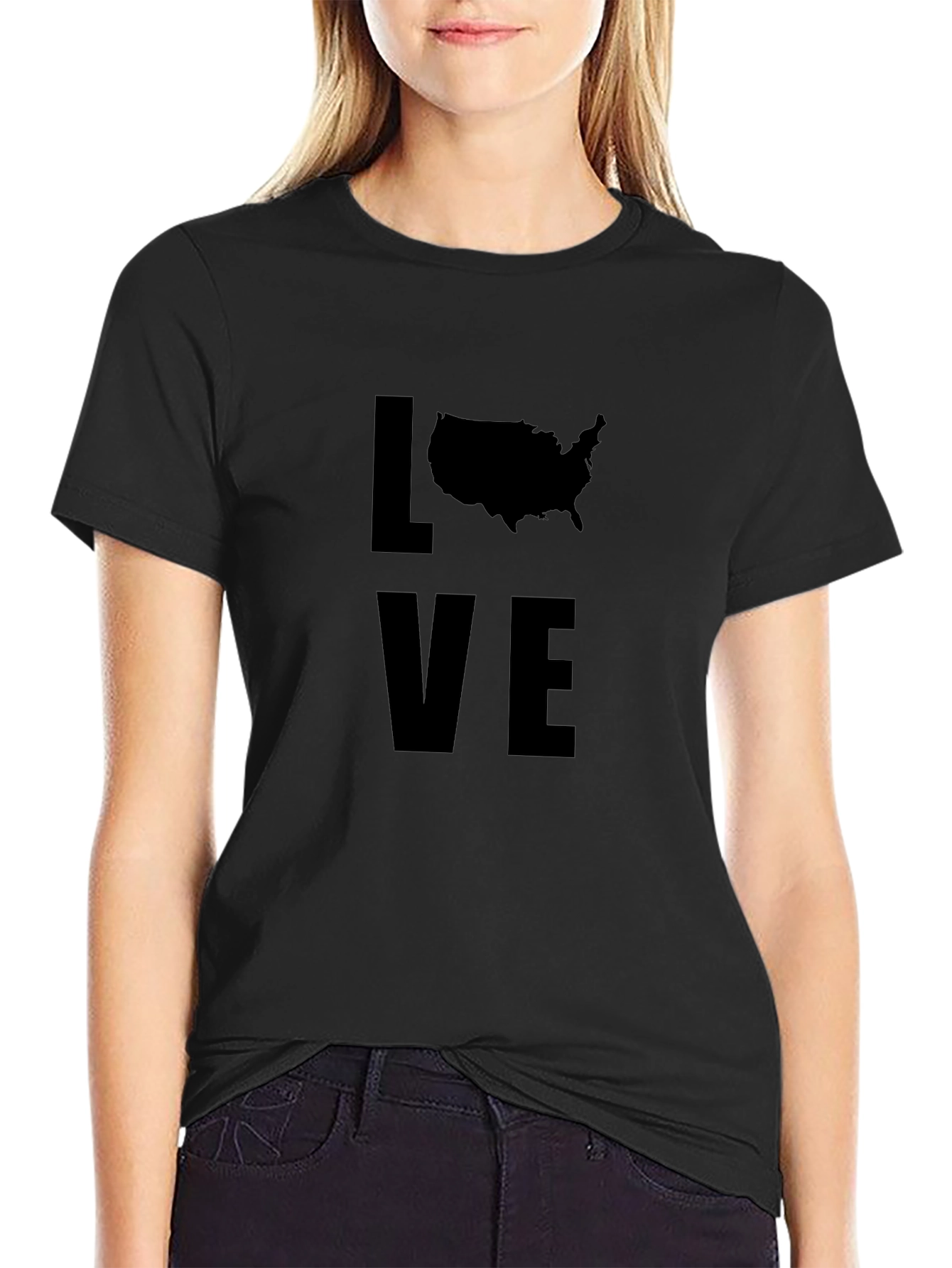 Love USA Map Graphic Tee - Black Crewneck T-Shirt