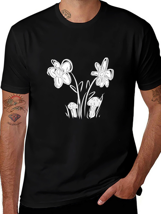 Black T-Shirt with Floral Mushroom Graphic