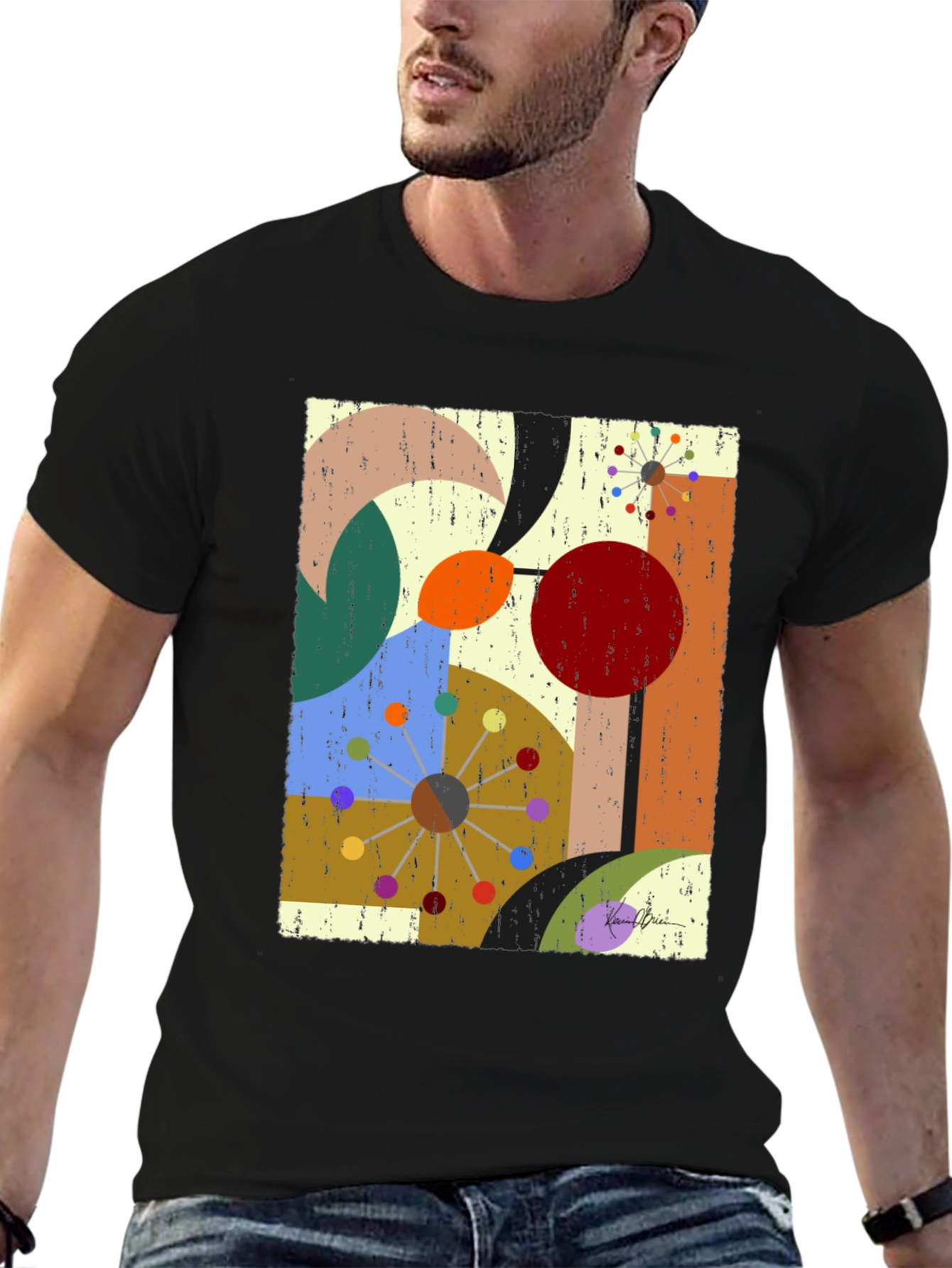 Abstract Geometric Print Black T-Shirt
