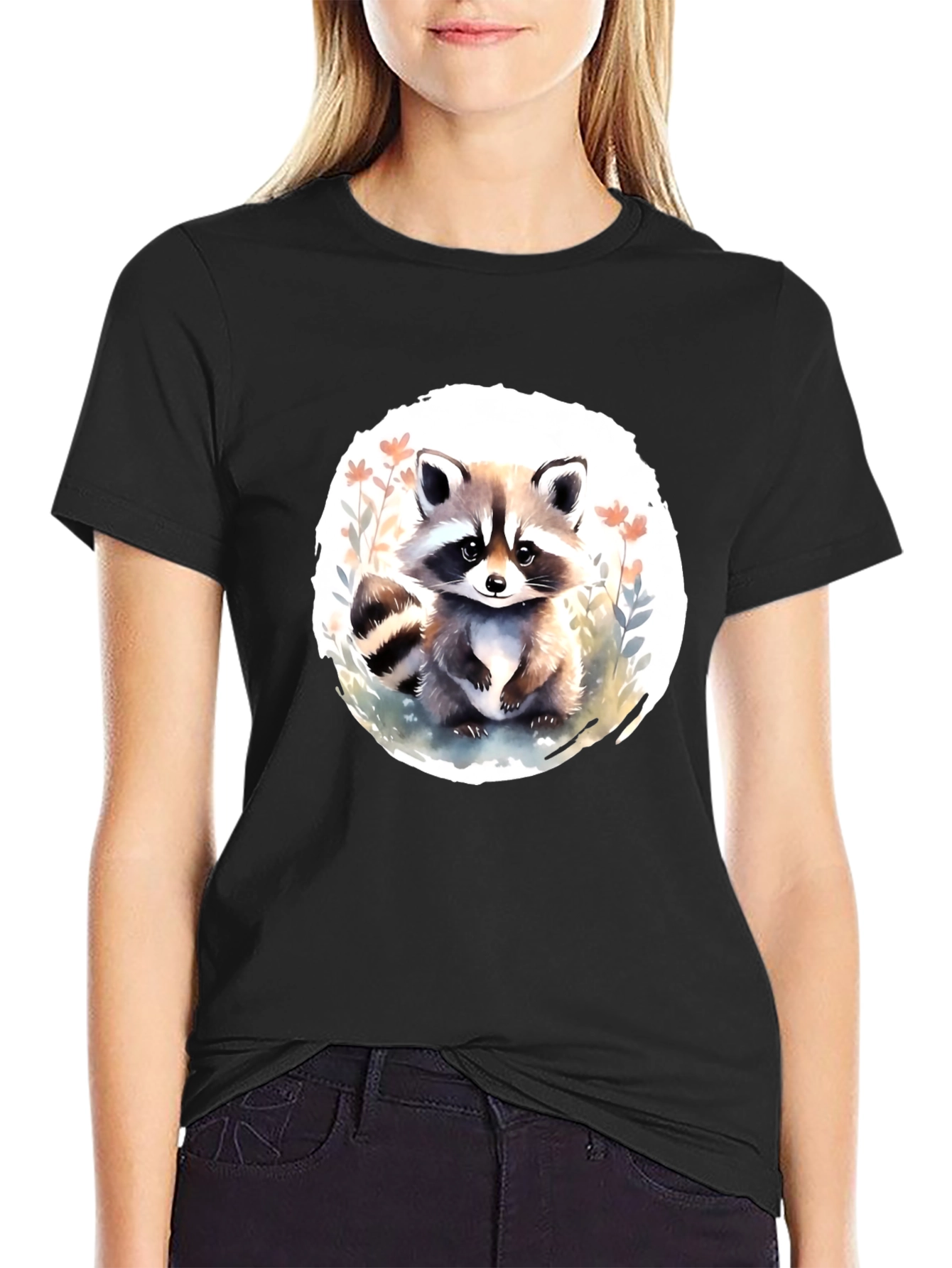Cute Raccoon Graphic Tee - Black Casual T-Shirt
