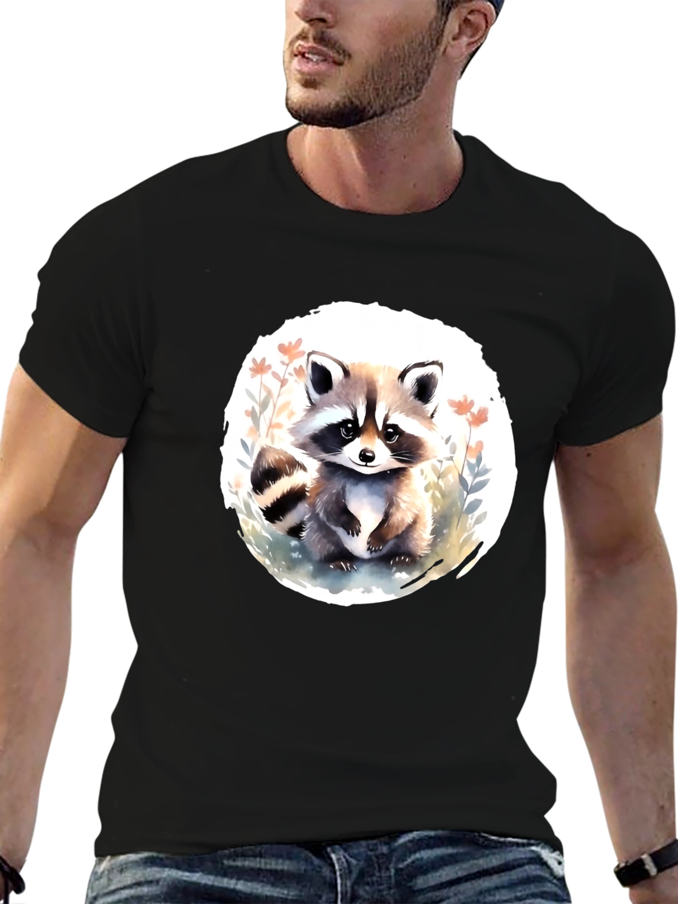 Cute Raccoon Graphic Tee - Black Casual T-Shirt