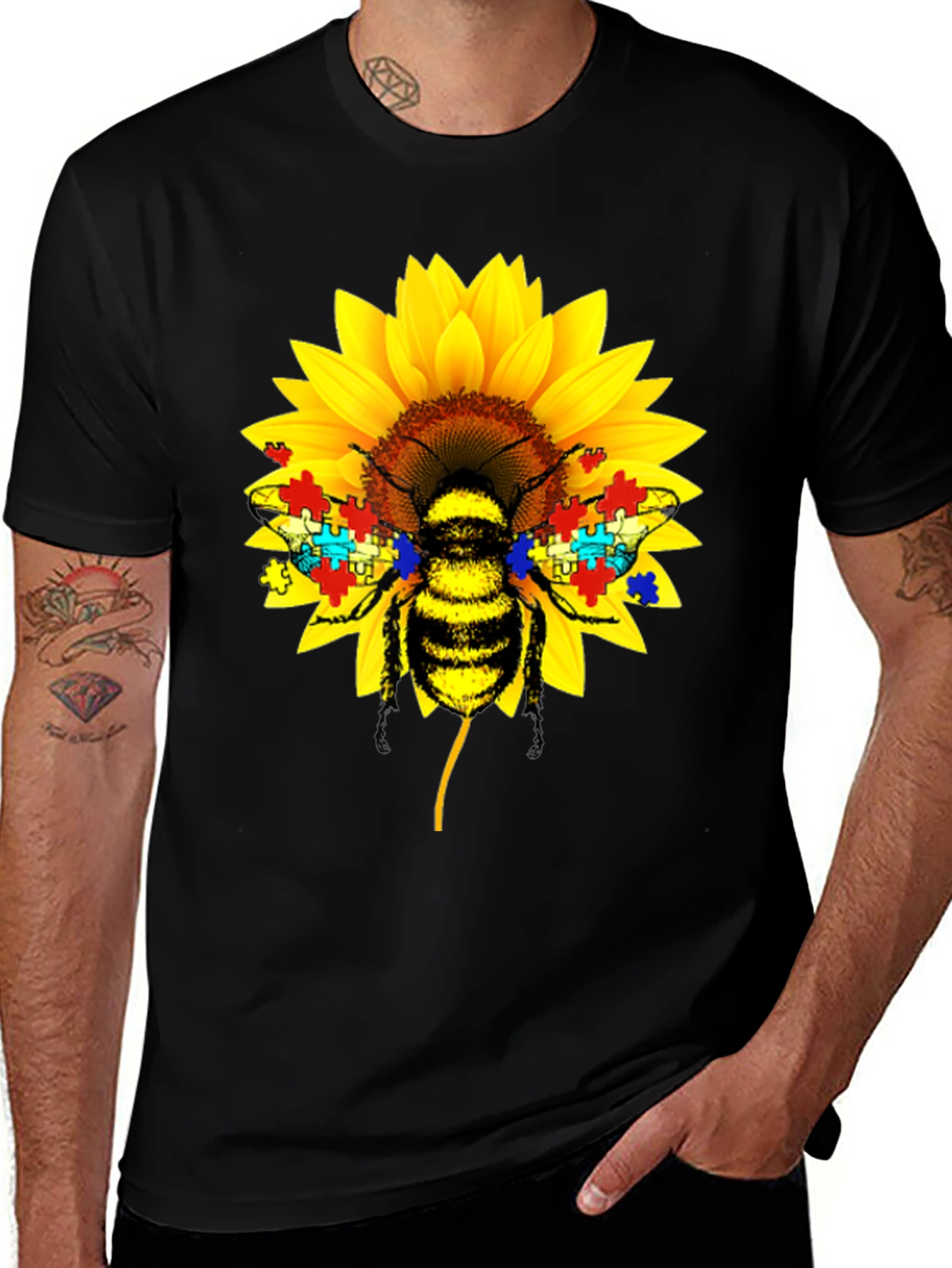 Autism Awareness Bee Sunflower Black T-Shirt