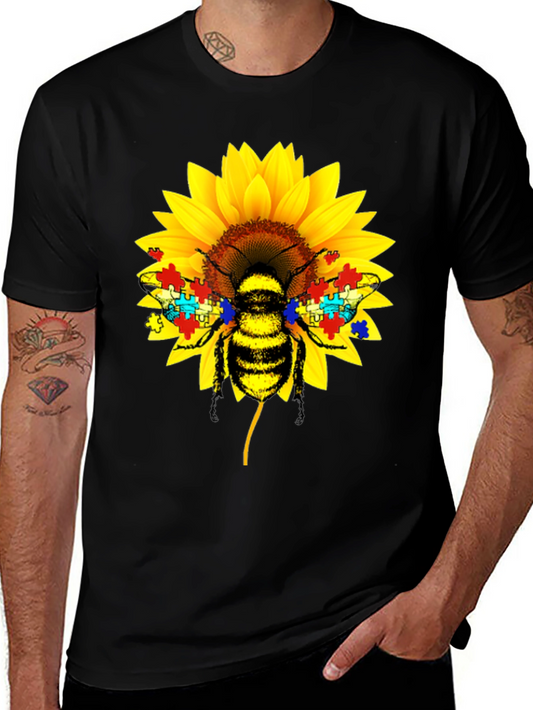 Autism Awareness Bee Sunflower Black T-Shirt